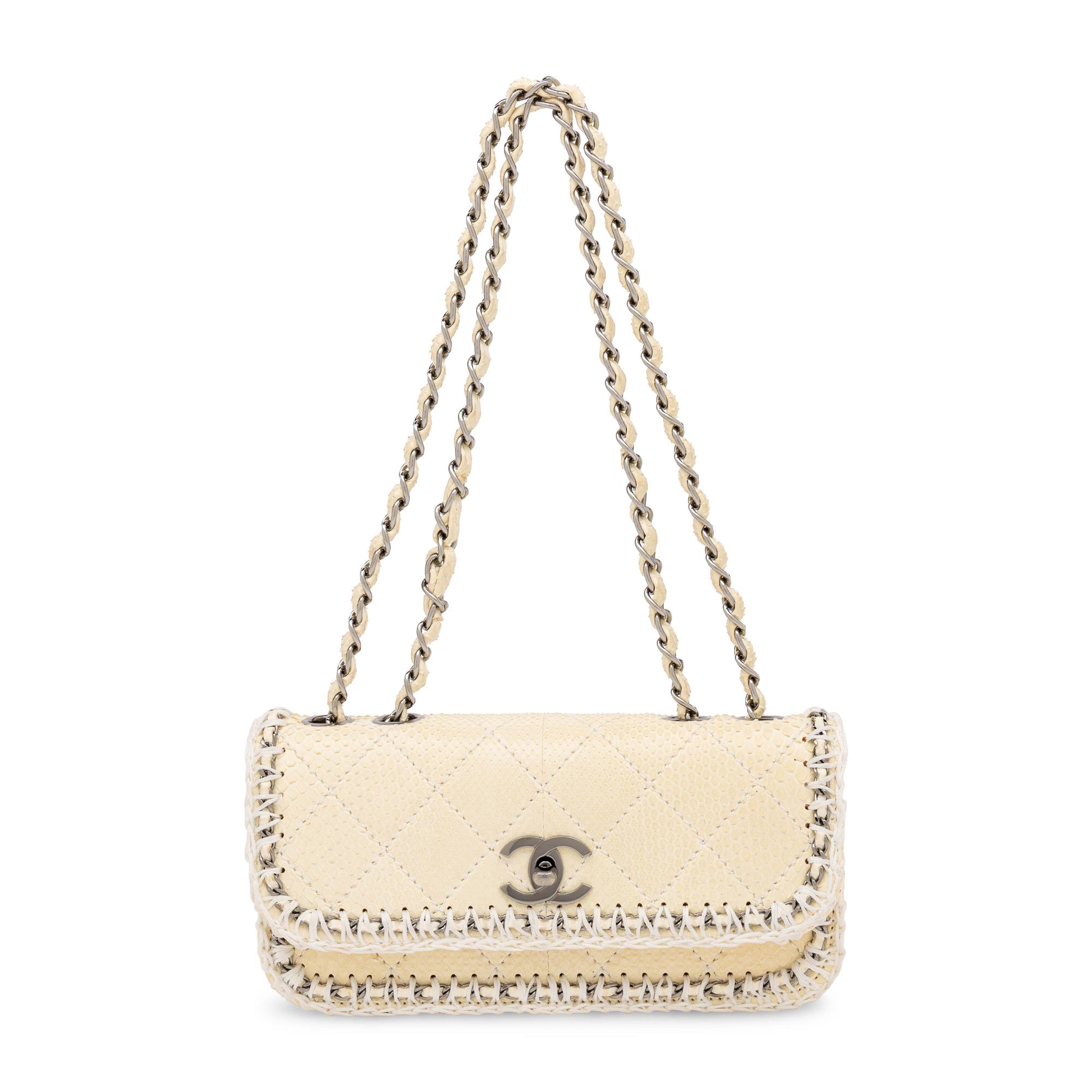 Chanel, Cream Python Flap Bag with Crocheted Trim