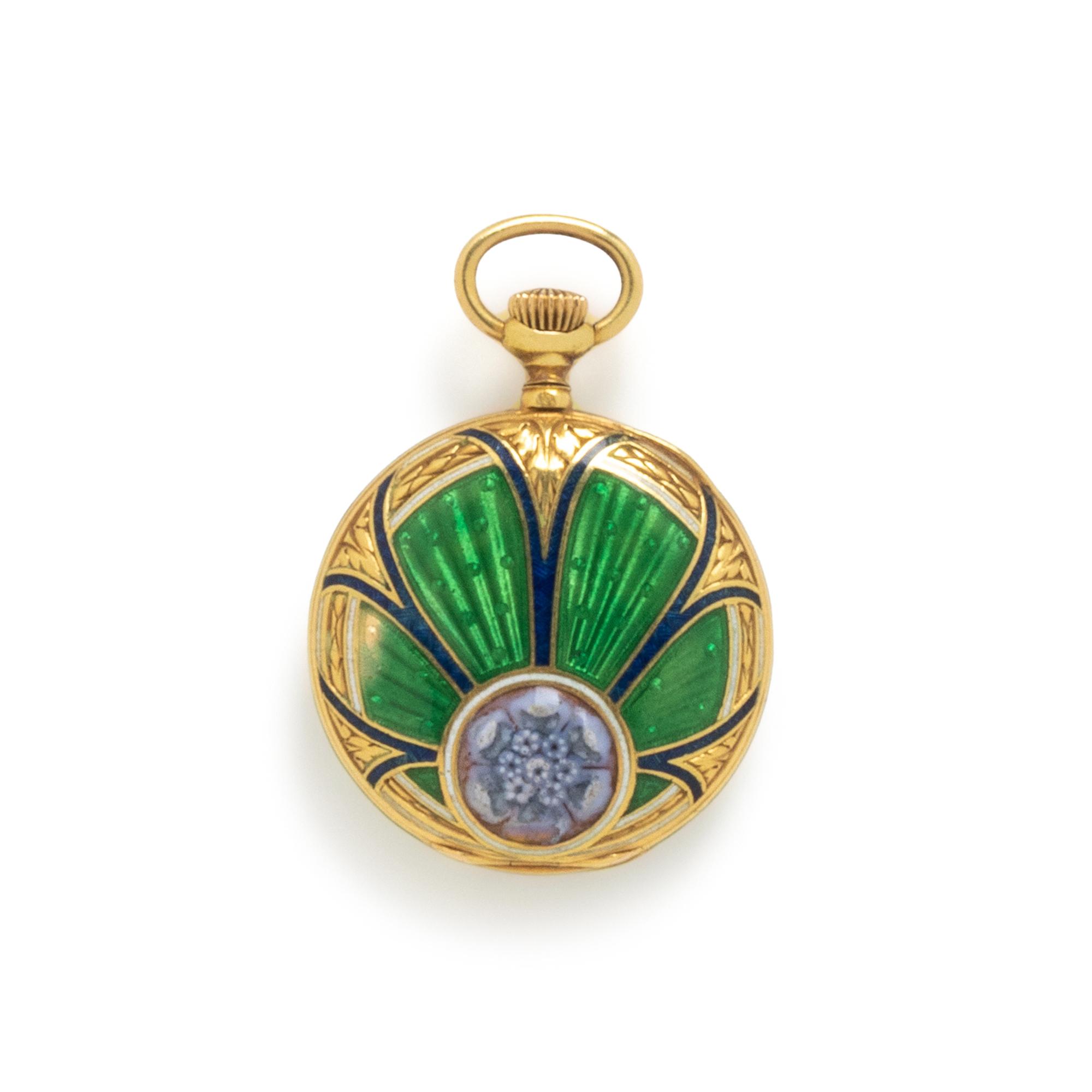 SPAULDING & CO., ANTIQUE, YELLOW GOLD AND ENAMEL PENDANT WATCH AND CHAIN