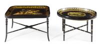 Two Victorian Painted Tole Tray Tables Height of tallest 19 x width 31 1/2 x depth 23 1/2 inches. — 19TH CENTURY WITH LATER STANDS