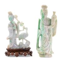 Two Chinese Apple Green and White Jadeite Figures of Female Immortals