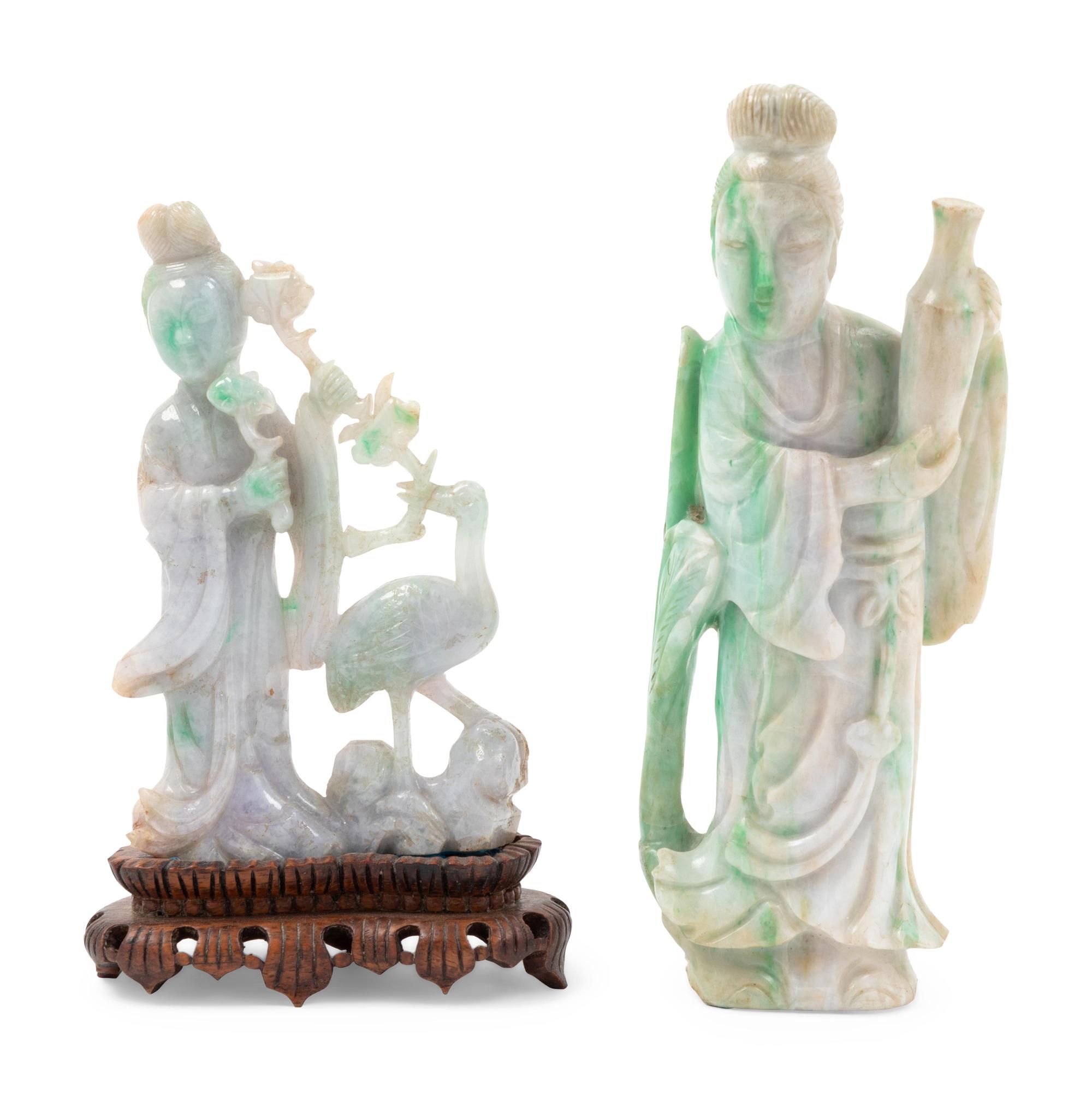 Two Chinese Apple Green and White Jadeite Figures of Female Immortals