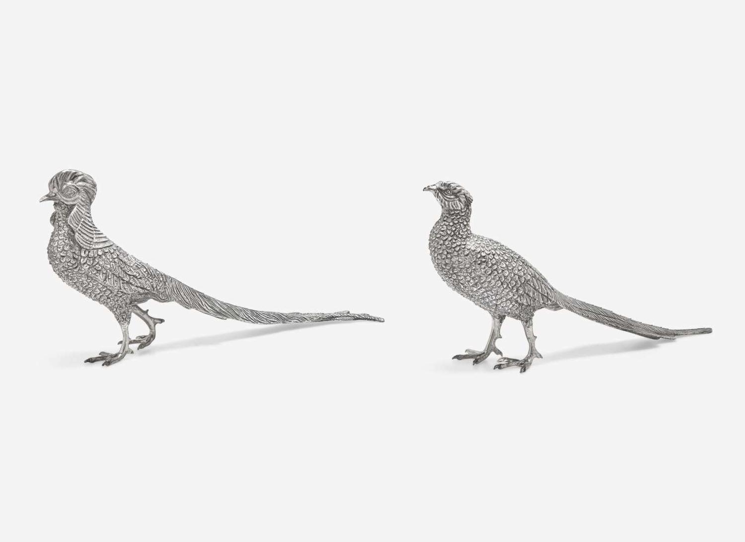Two sterling silver pheasant-form sculptures, possibly Mexican, probably mid-20th century