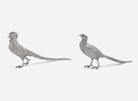 Two sterling silver pheasant-form sculptures, possibly Mexican, probably mid-20th century