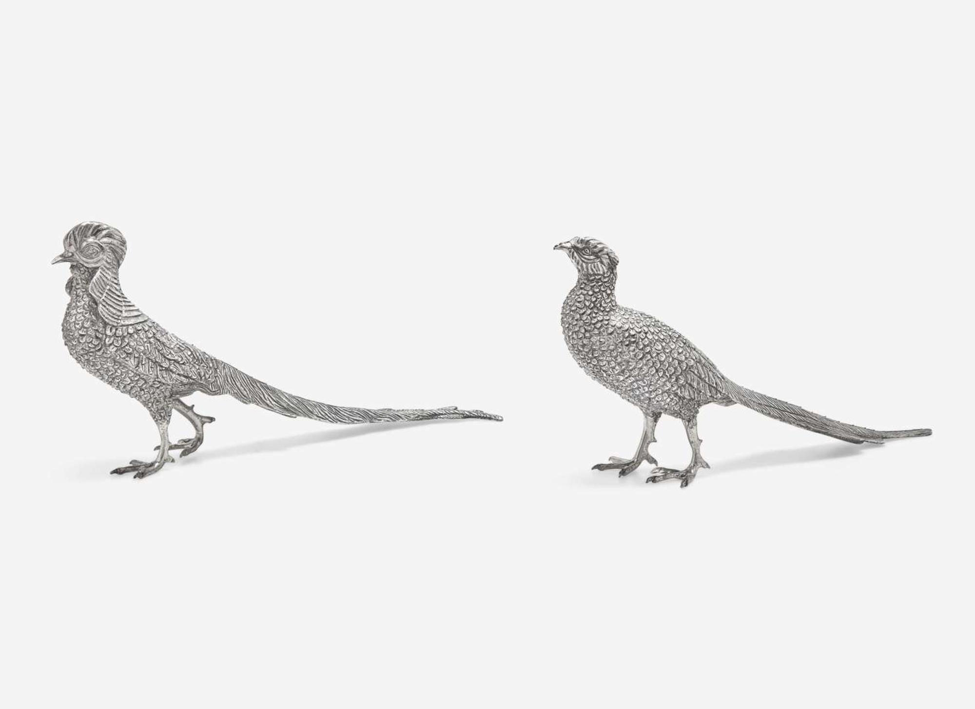Two sterling silver pheasant-form sculptures, possibly Mexican, probably mid-20th century