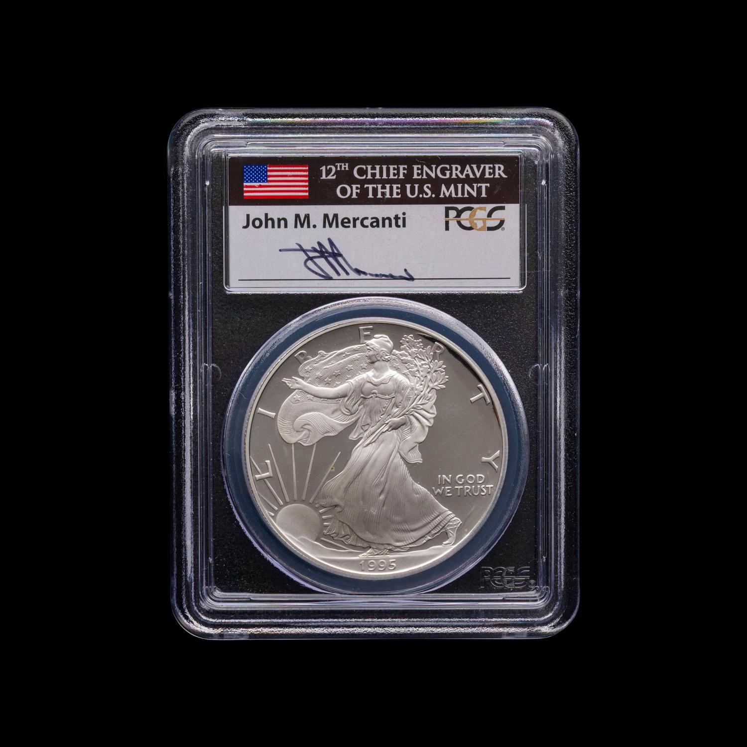 A 1995-W Silver Eagle $1 Proof [PCGS PR69 DCAM; John Mercanti Signed Label ]