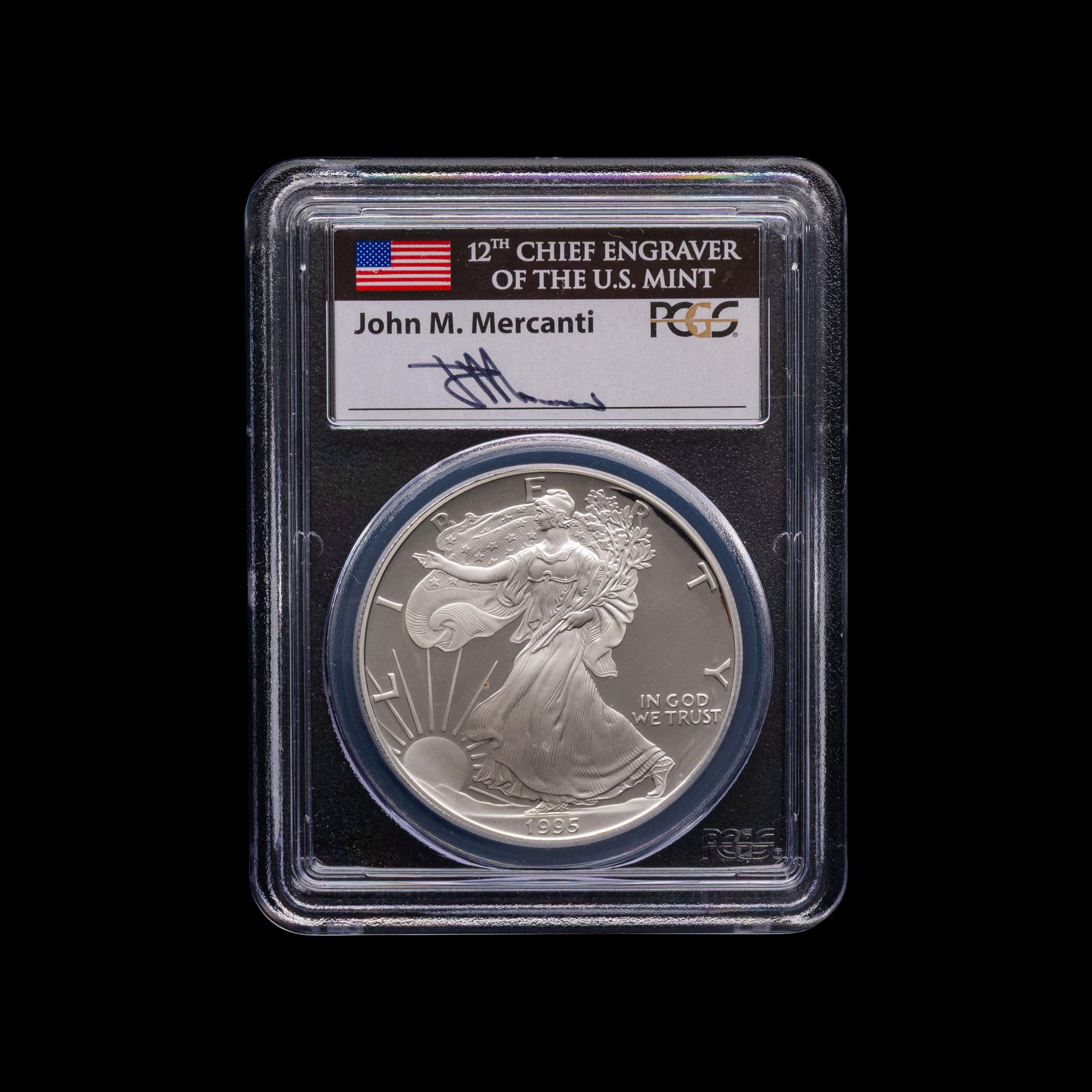 A 1995-W Silver Eagle $1 Proof [PCGS PR69 DCAM; John Mercanti Signed Label ]