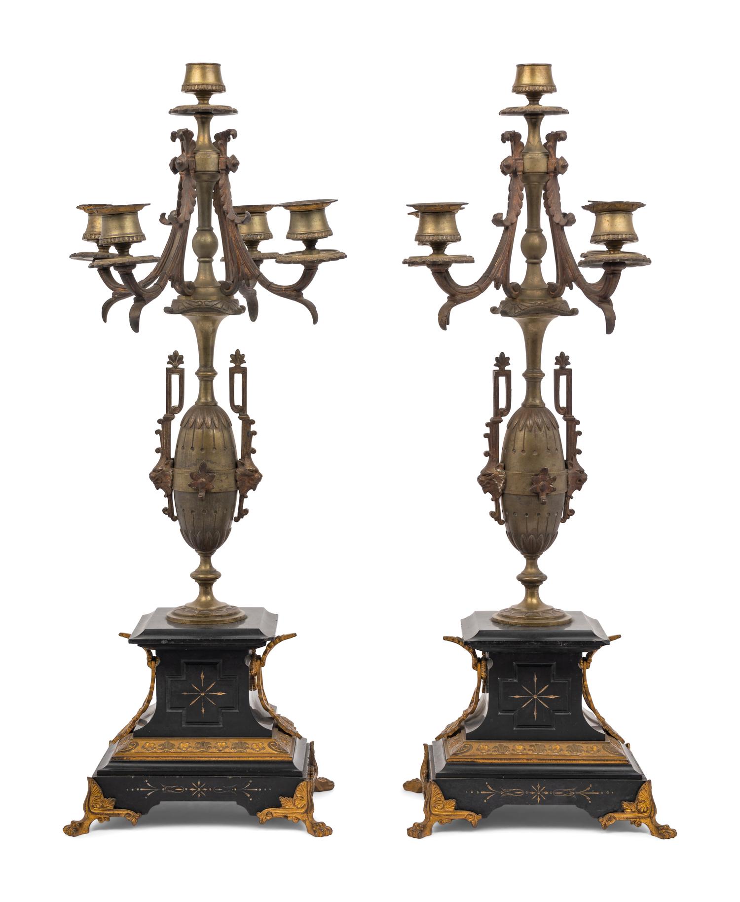 A Pair of French Gilt Bronze and Slate Five-Light Candelabra