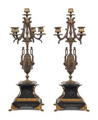 A Pair of French Gilt Bronze and Slate Five-Light Candelabra