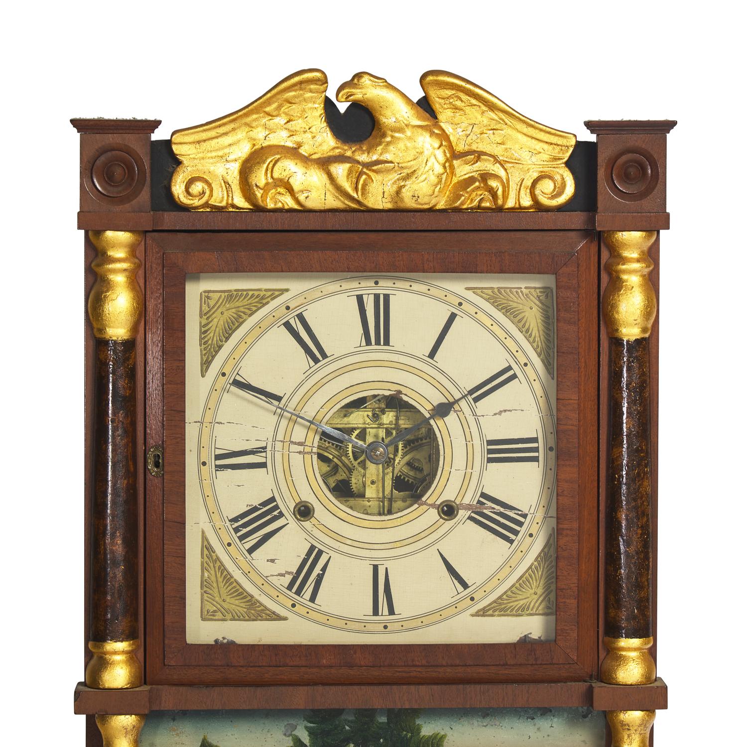 A Classical Parcel-Gilt Mahogany Shelf Clock with Double Eglomise Panels