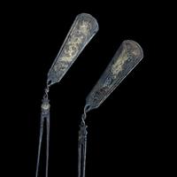 A Pair of Chinese Parcel Gilt Silver 'Bird and Foliate' Hairpins, Chai, Tang Dynasty 唐 鎏金卷草飛鳥紋銀釵一對