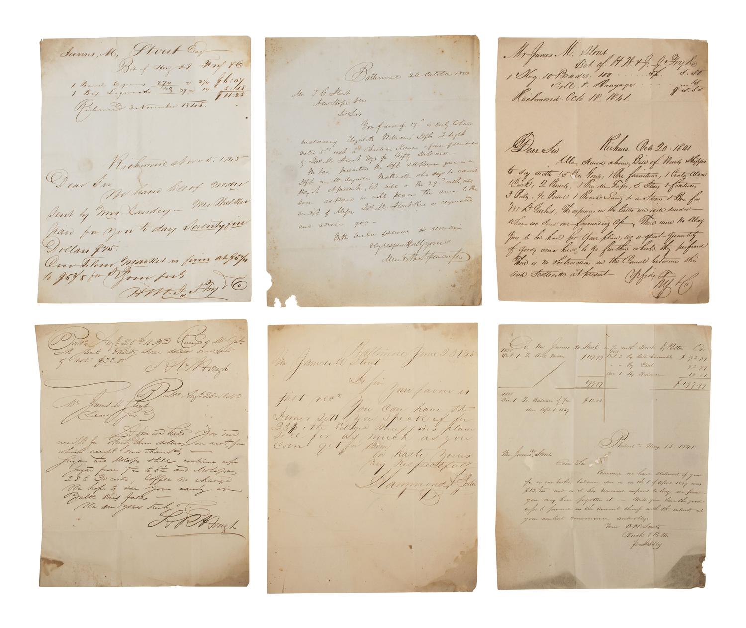 [BUSINESS]. Business correspondence of James M. Stout of New Hope, Virginia, ca 1830s-1850.