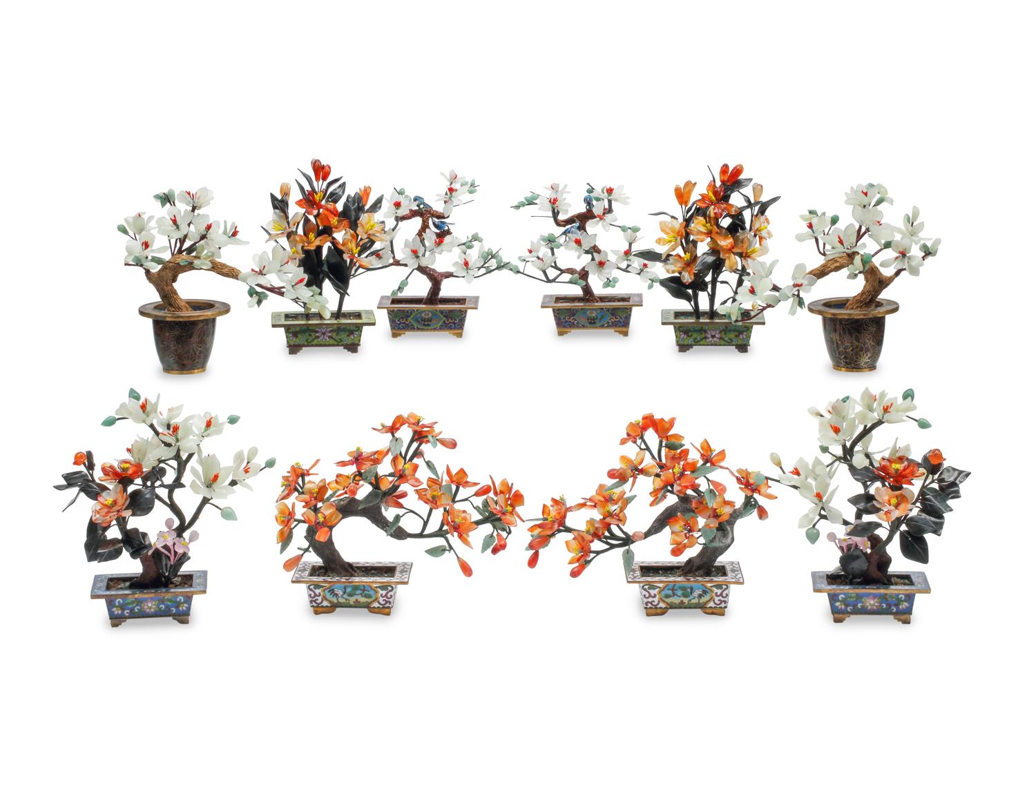 Five Pairs of Chinese Hardstone Models of Trees with Cloisonné Bases
