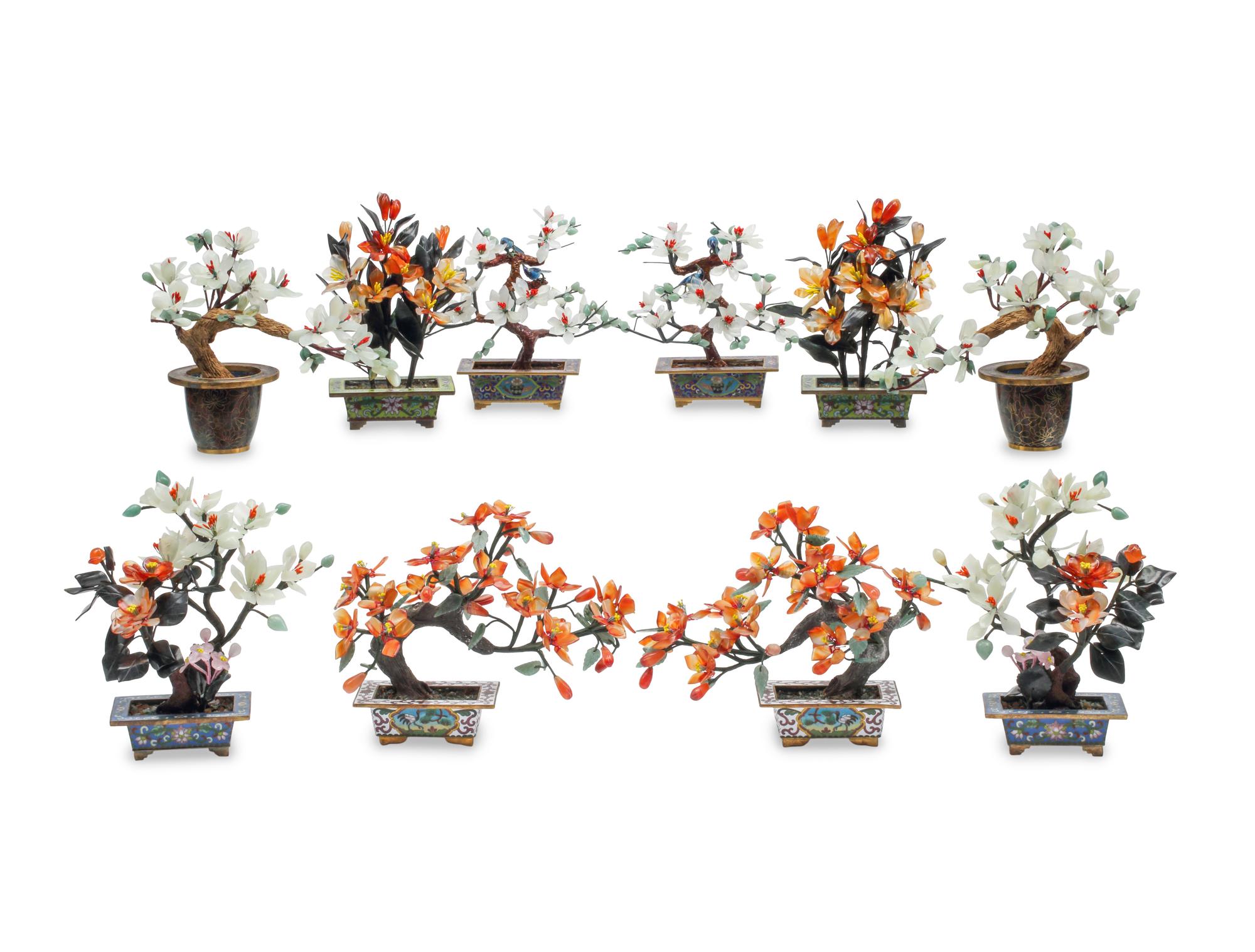 Five Pairs of Chinese Hardstone Models of Trees with Cloisonné Bases