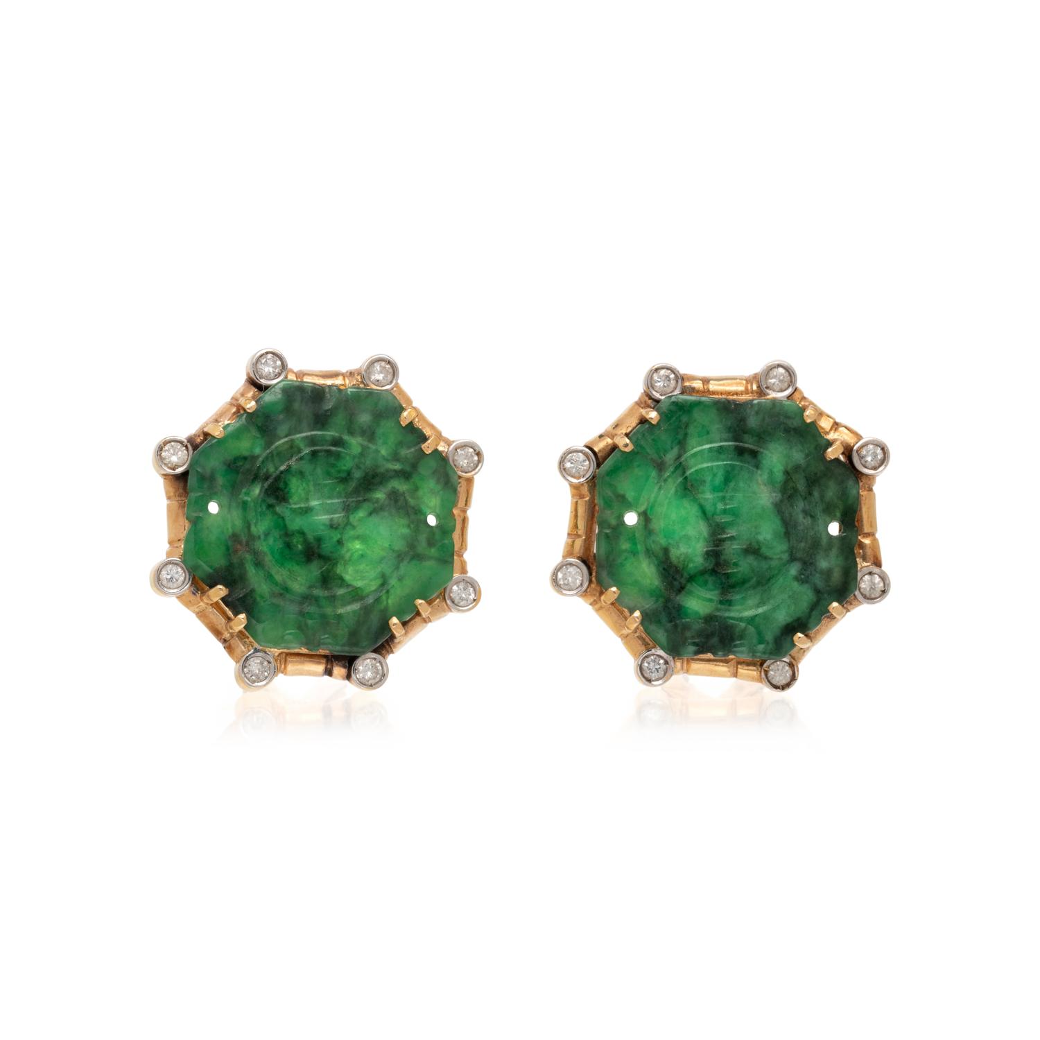 CARVED JADE AND DIAMOND EARCLIPS