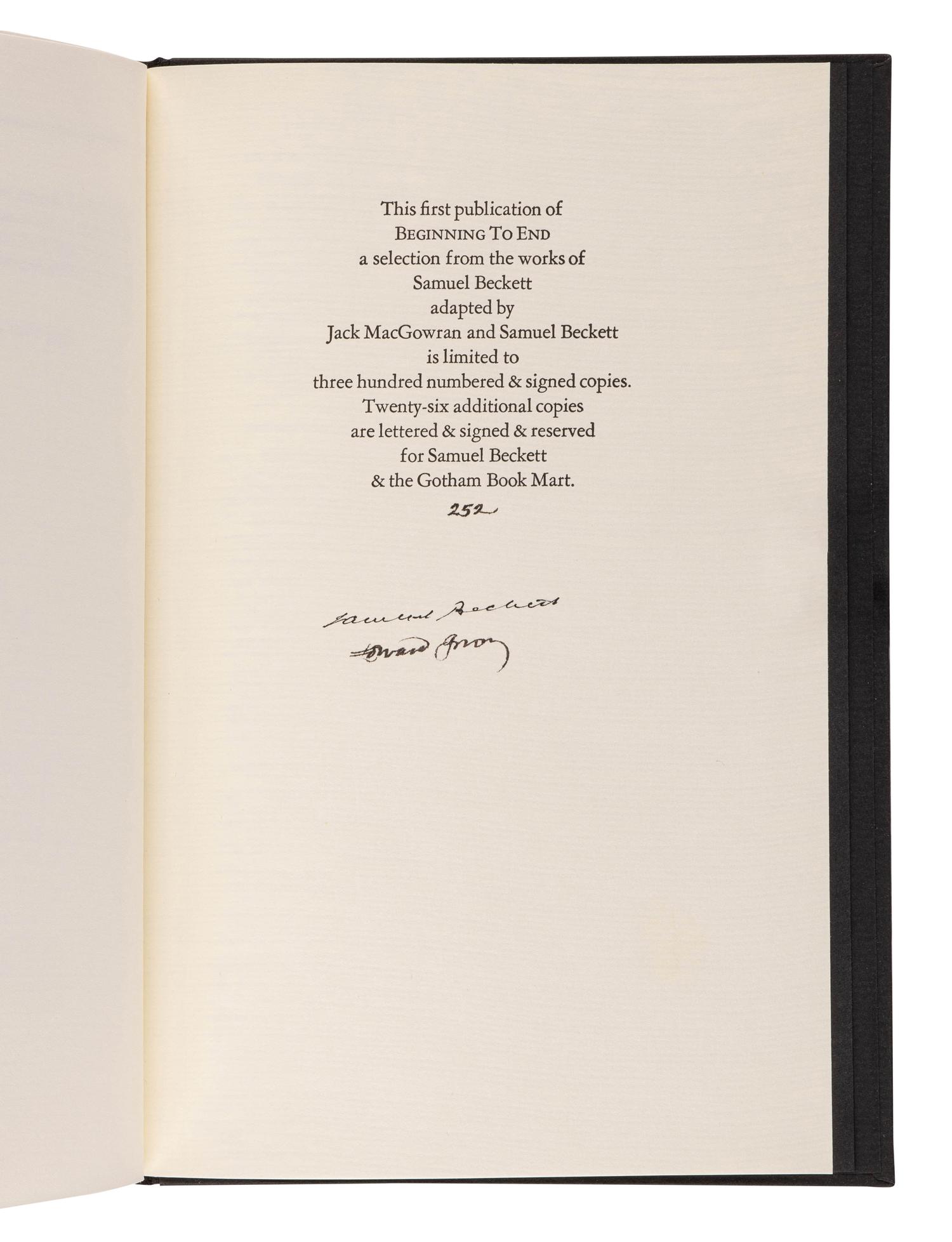 BECKETT, Samuel (1906-1989). -- GOREY, Edward (1925-2000), illustrator. Beginning to End . New York: Gotham Book Mart, 1988.