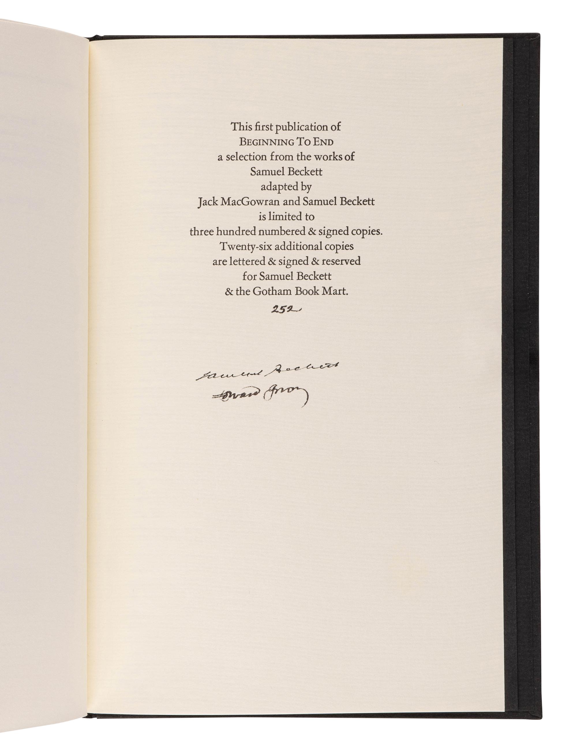 BECKETT, Samuel (1906-1989). -- GOREY, Edward (1925-2000), illustrator. Beginning to End . New York: Gotham Book Mart, 1988.