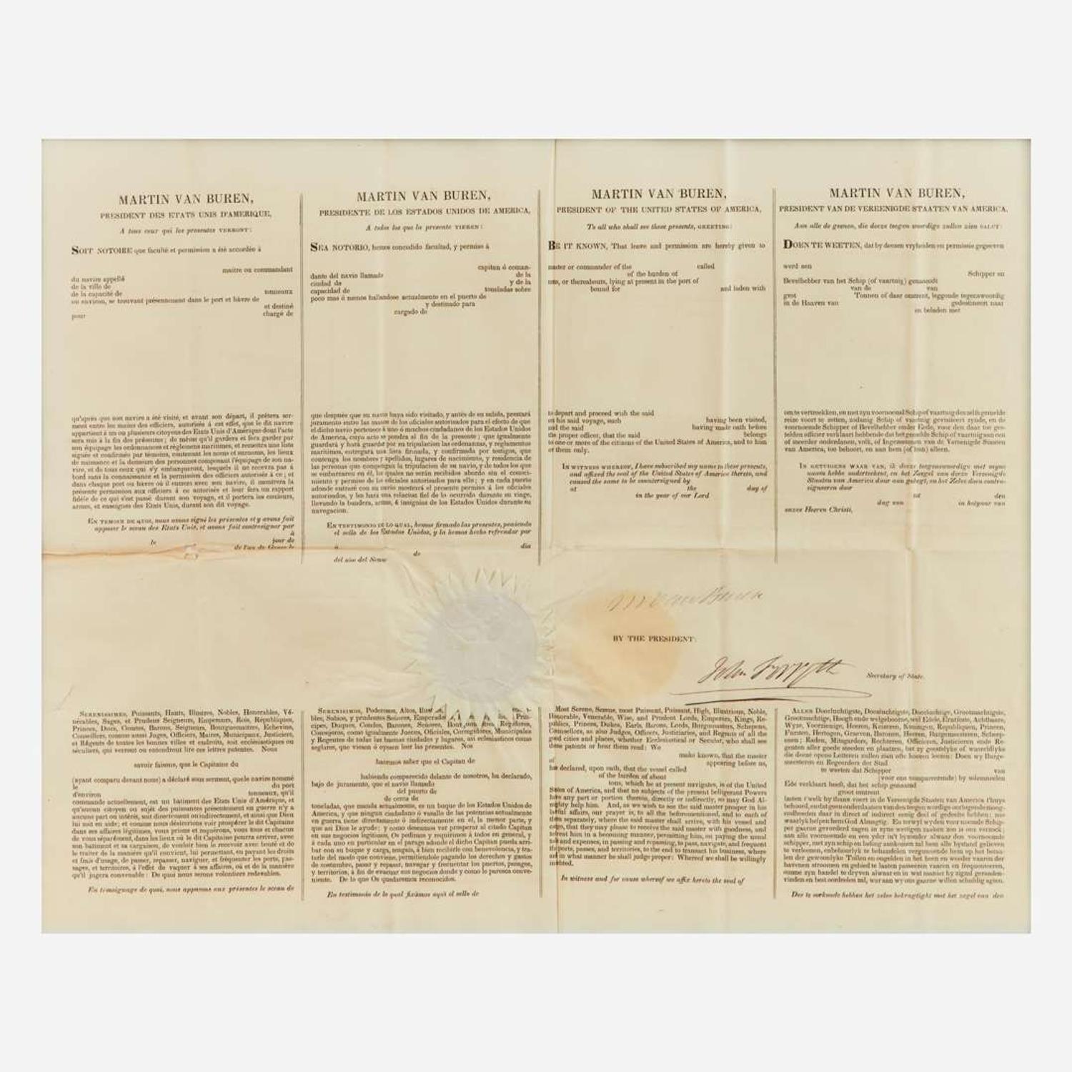 [Presidential] Van Buren, Martin Signed Ship's Passport