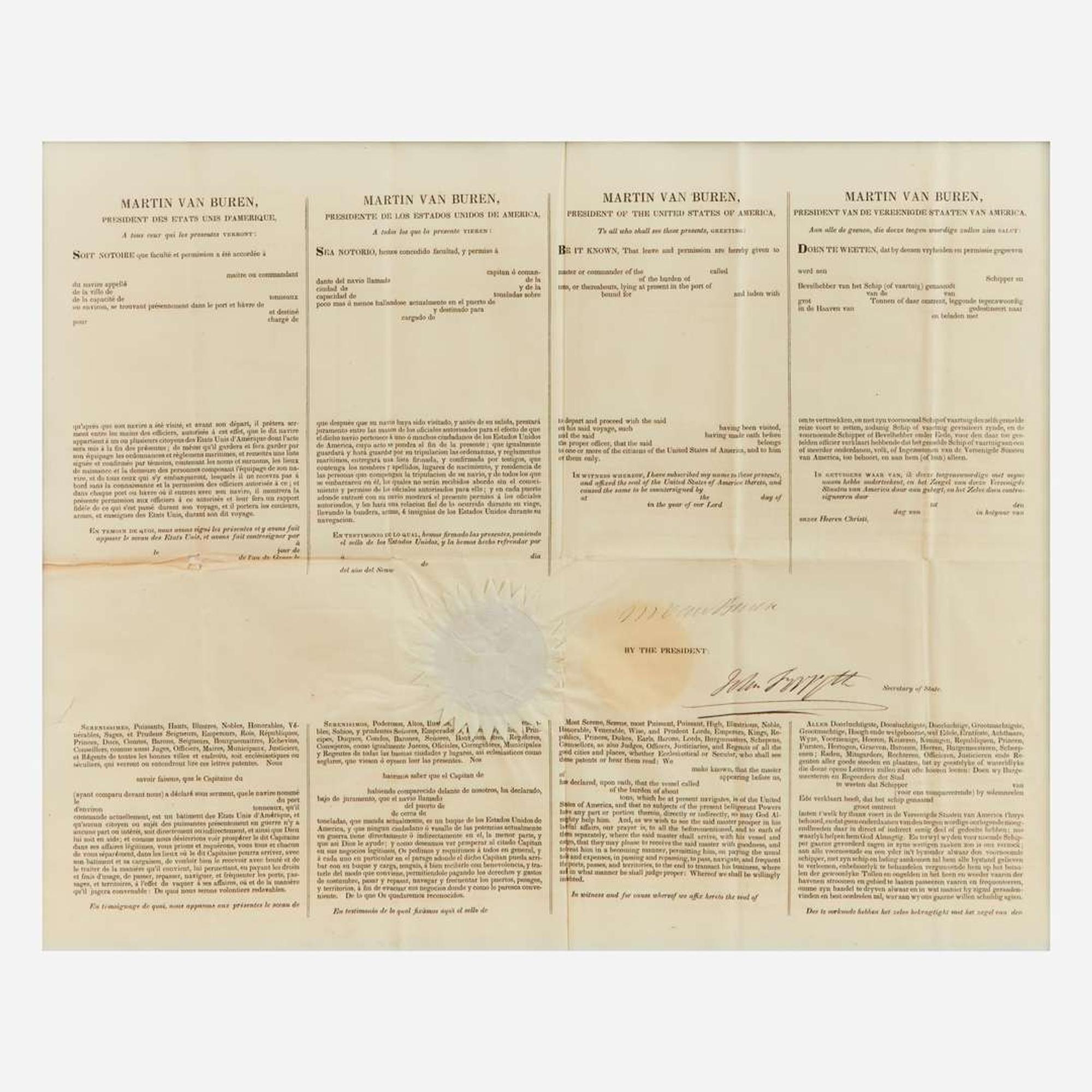 [Presidential] Van Buren, Martin Signed Ship's Passport