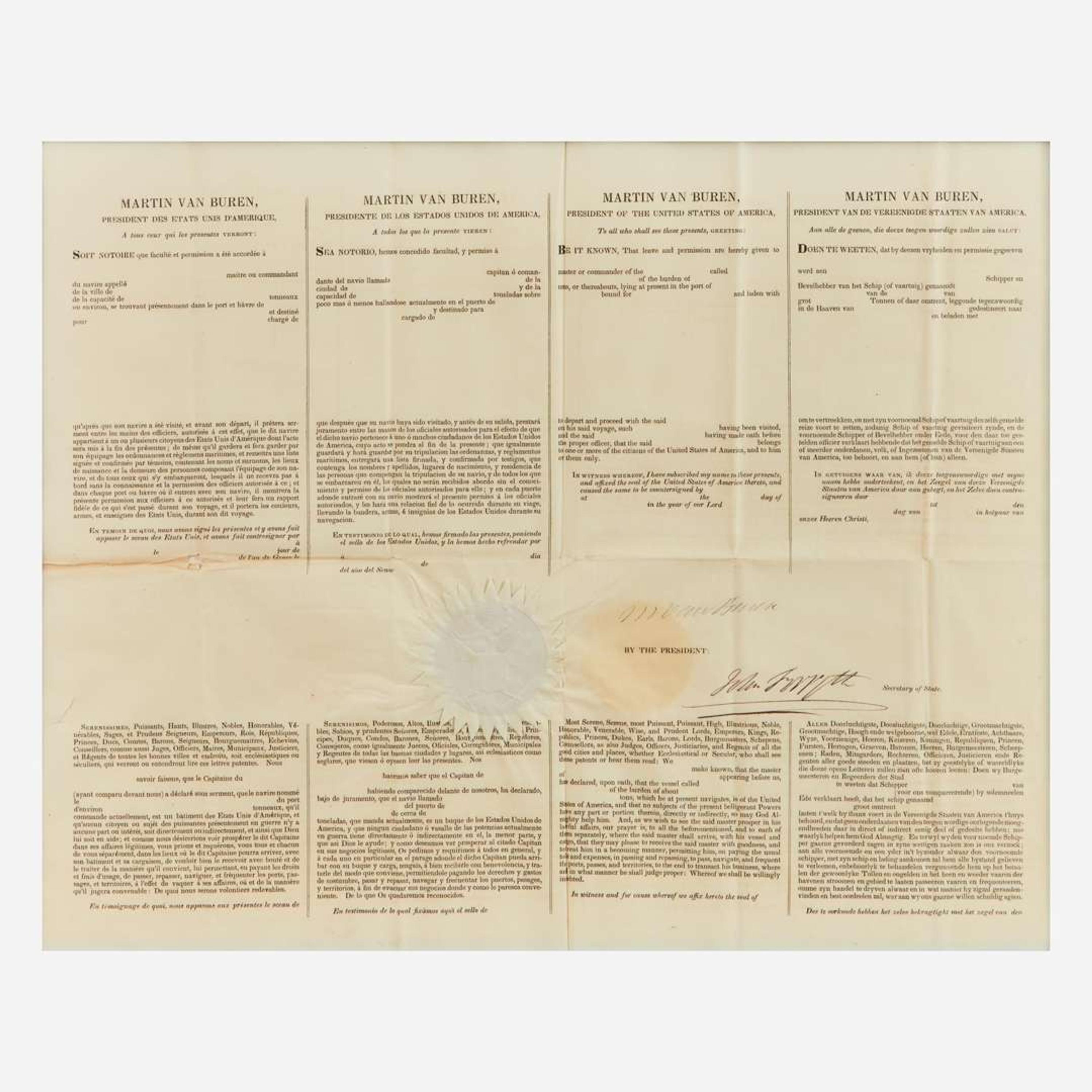 [Presidential] Van Buren, Martin Signed Ship's Passport