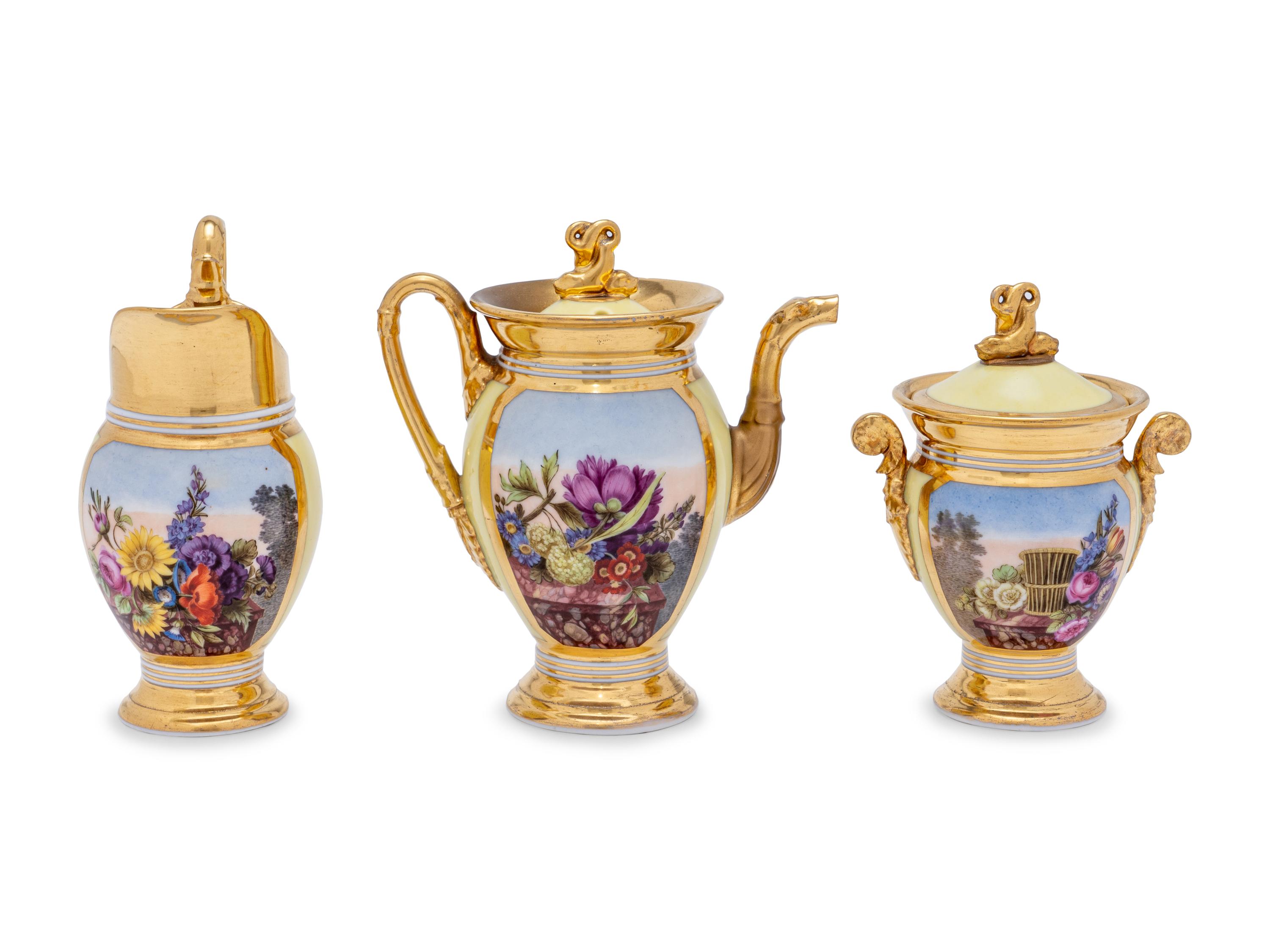 A Paris Porcelain Pale Yellow-Ground Seven-Piece Tea Service