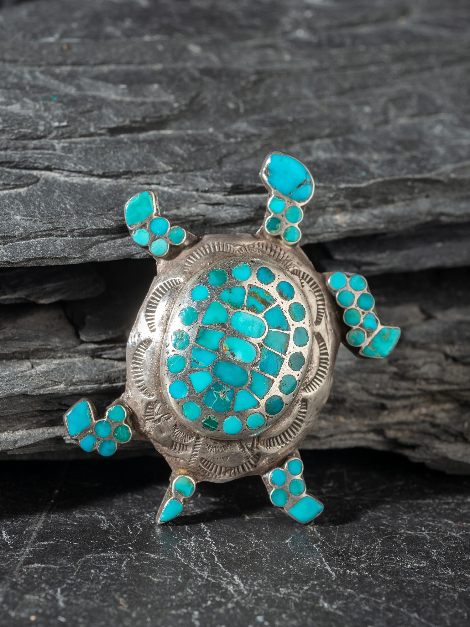 Zuni Silver and Channel Inlay Turtle Pin / Brooch