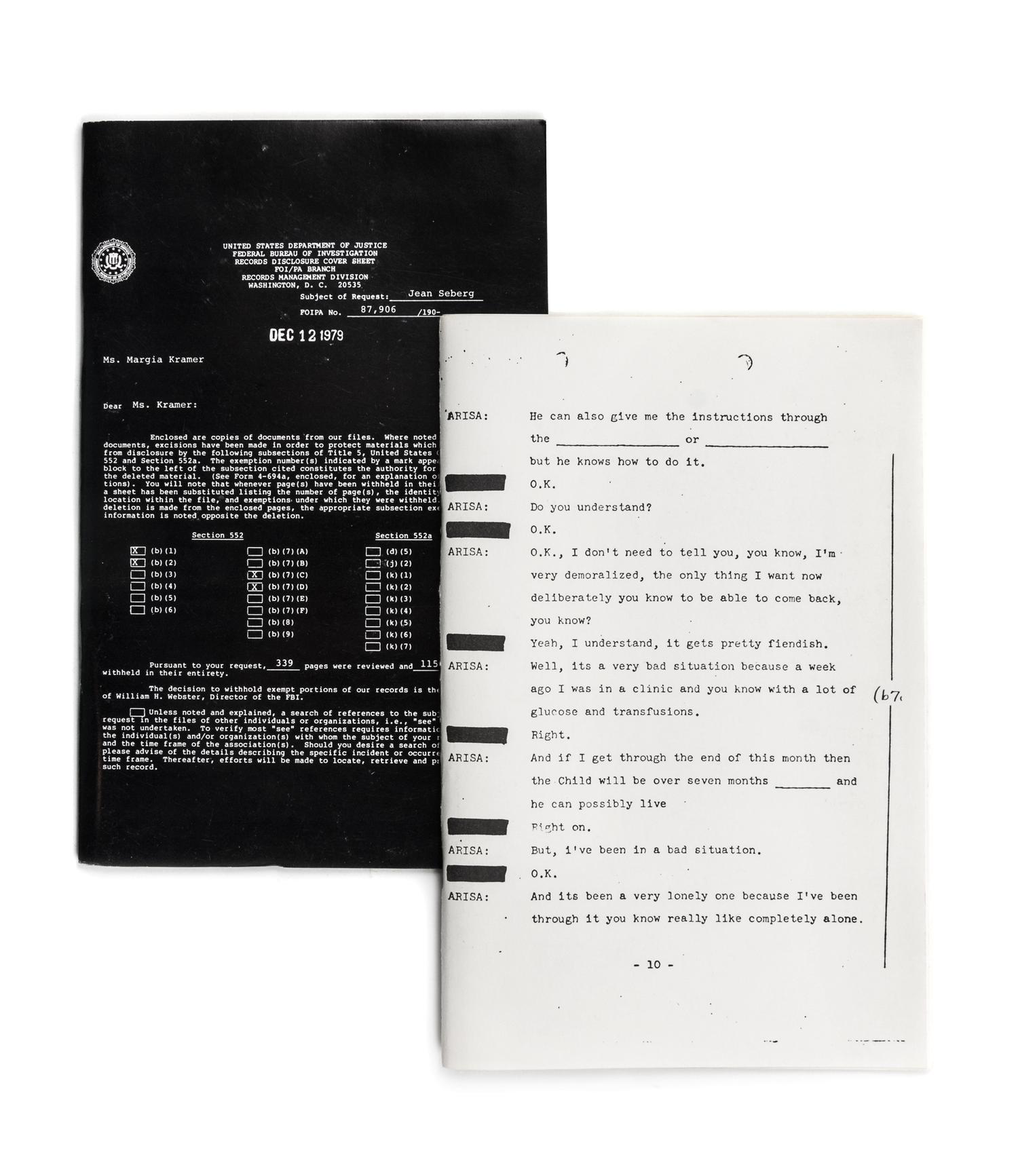 KRAMER, MARGIA. Essential Documents: The FBI File of Jean Seberg. Parts 1 and 2. s.l., 1979. 2 vols.