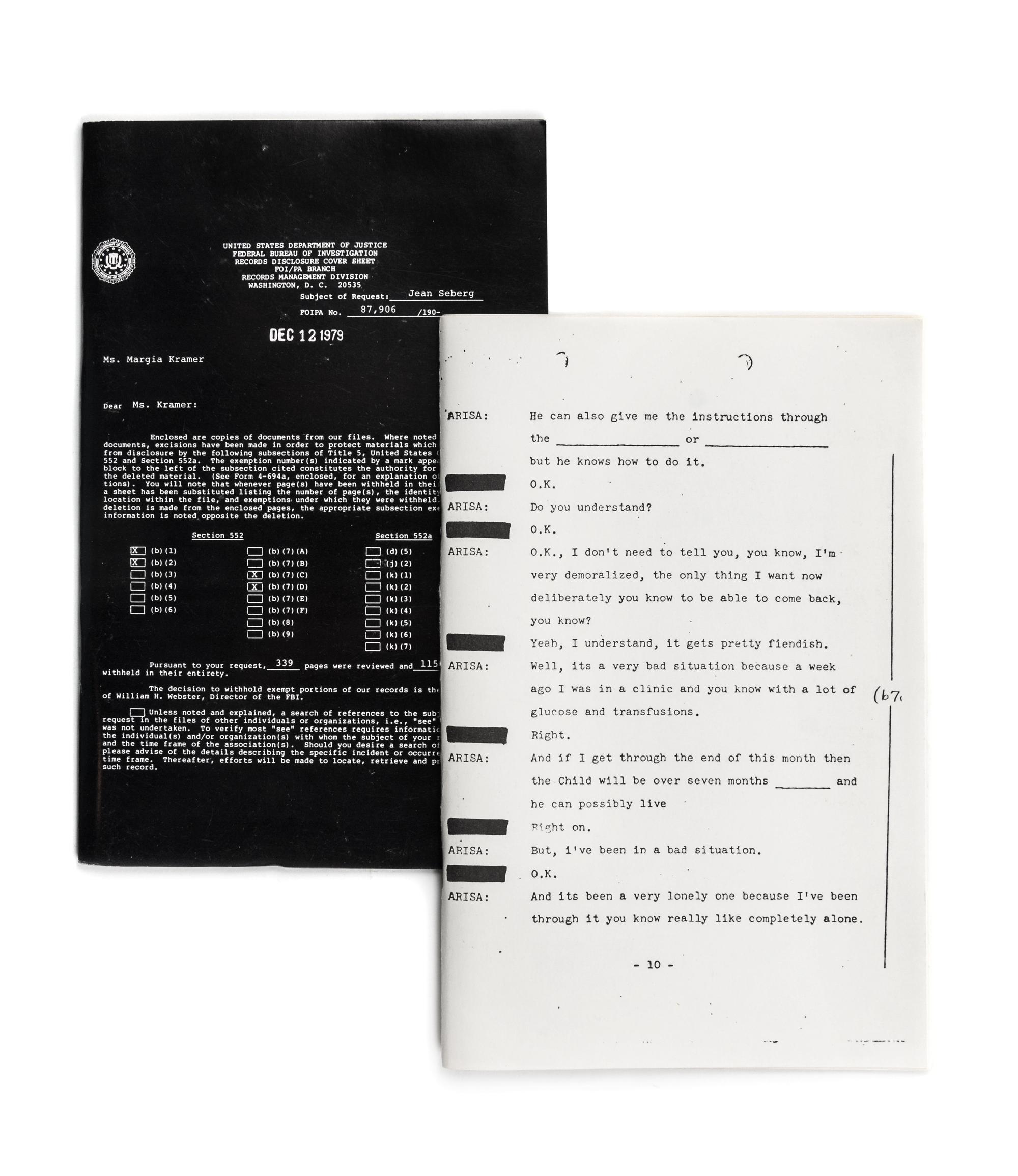 KRAMER, MARGIA. Essential Documents: The FBI File of Jean Seberg. Parts 1 and 2. s.l., 1979. 2 vols.