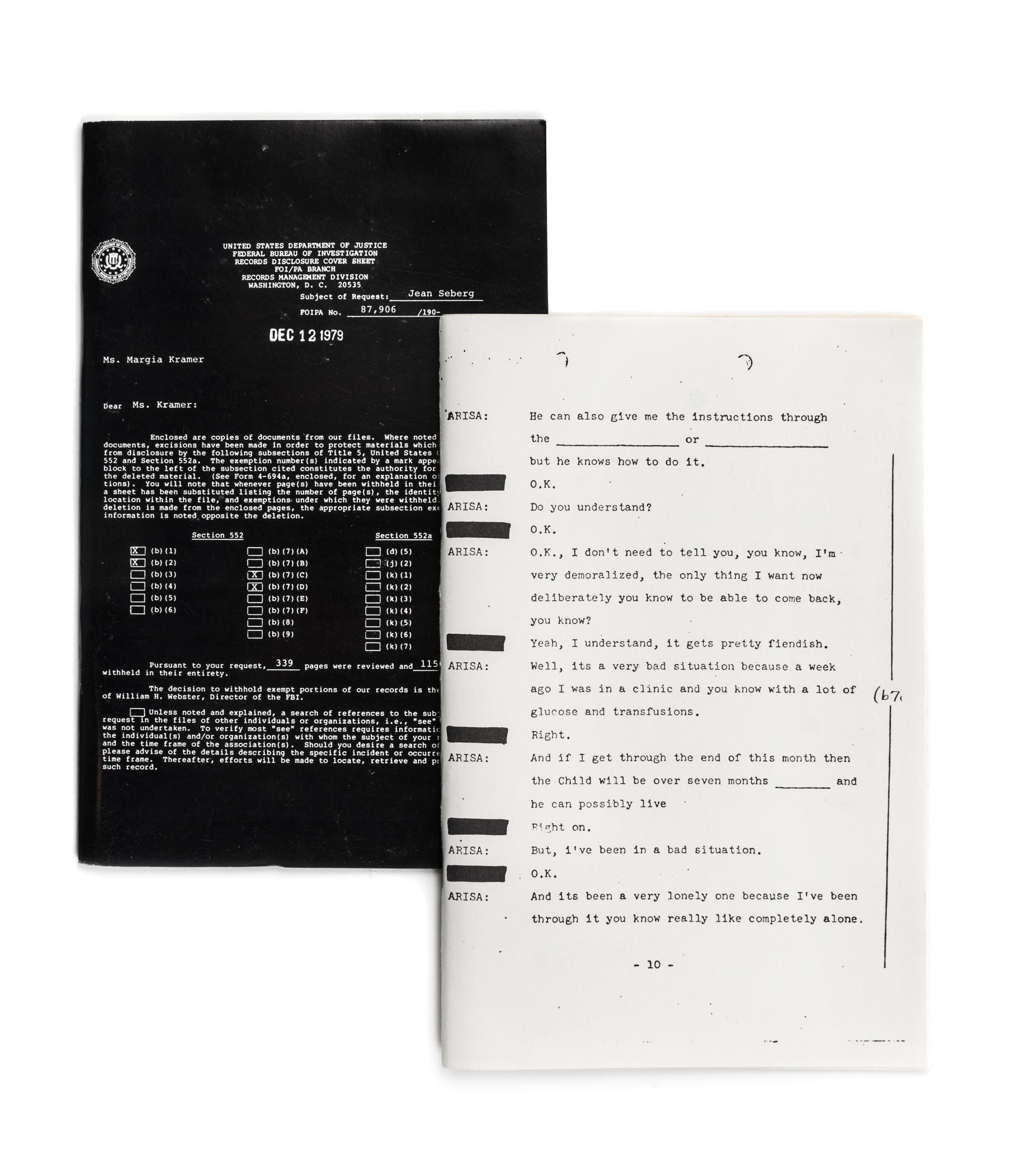 KRAMER, MARGIA. Essential Documents: The FBI File of Jean Seberg. Parts 1 and 2. s.l., 1979. 2 vols.