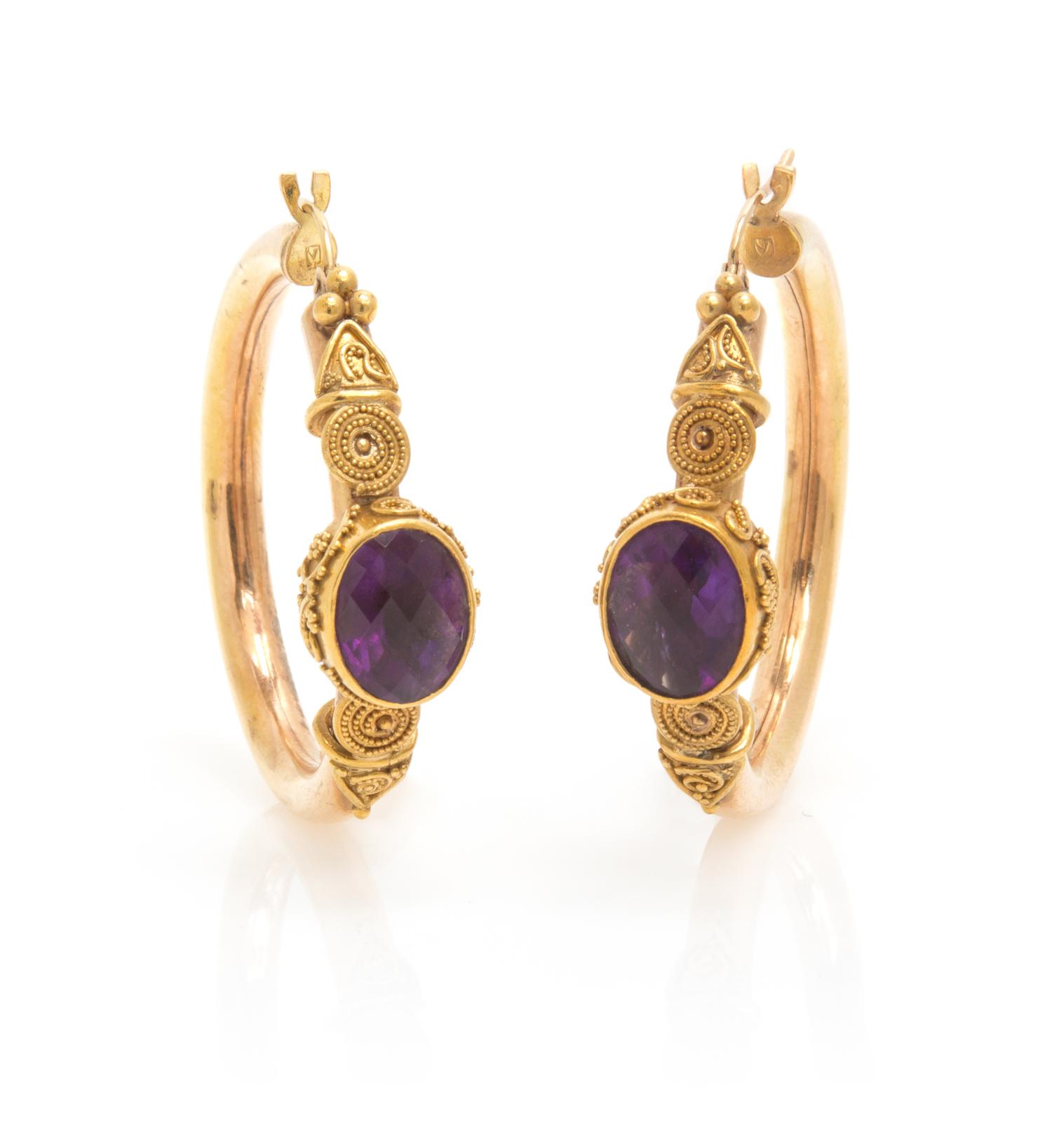 A Pair of Yellow Gold and Amethyst Hoop Earrings, 12.60 dwts.