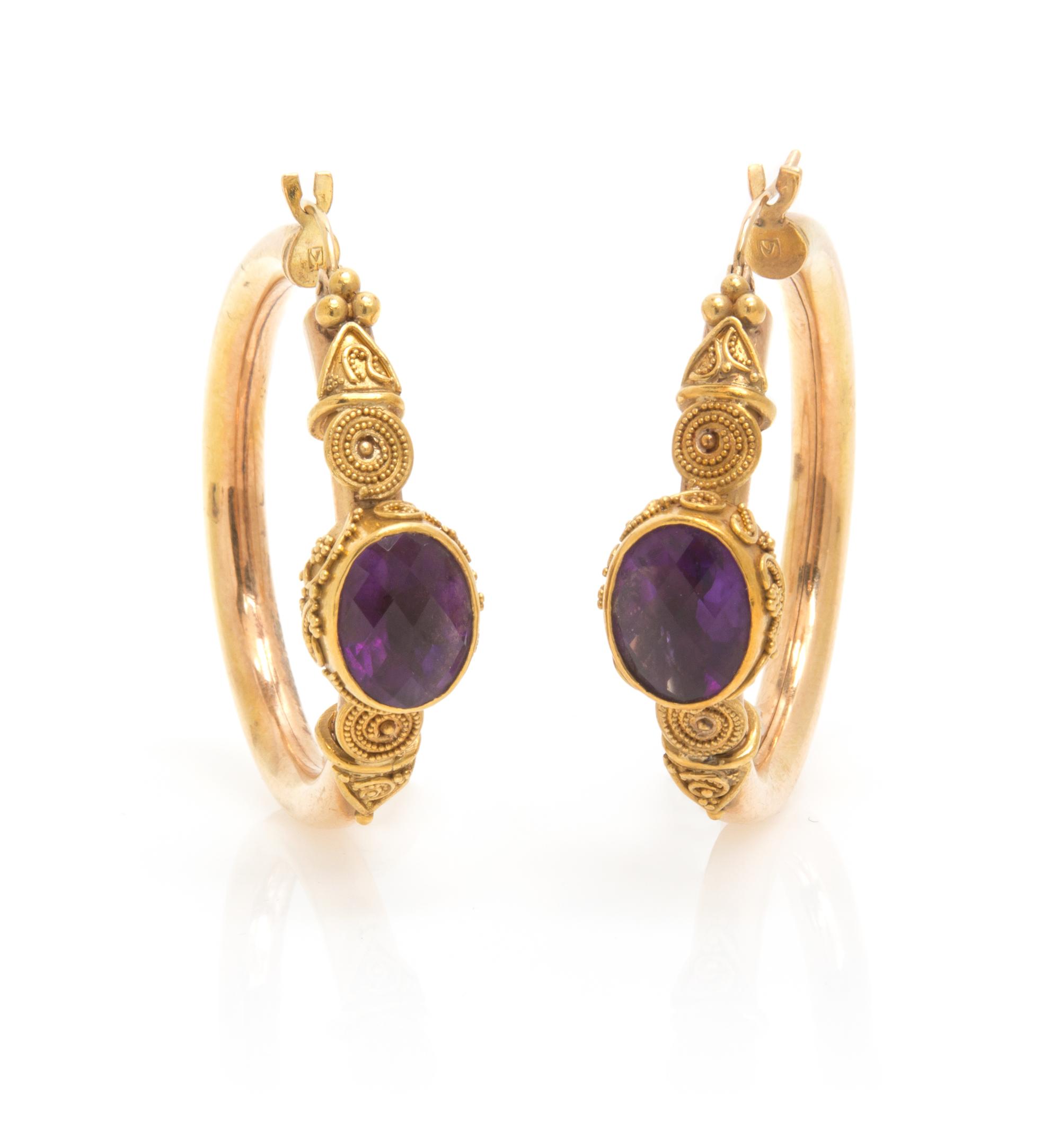 A Pair of Yellow Gold and Amethyst Hoop Earrings, 12.60 dwts.