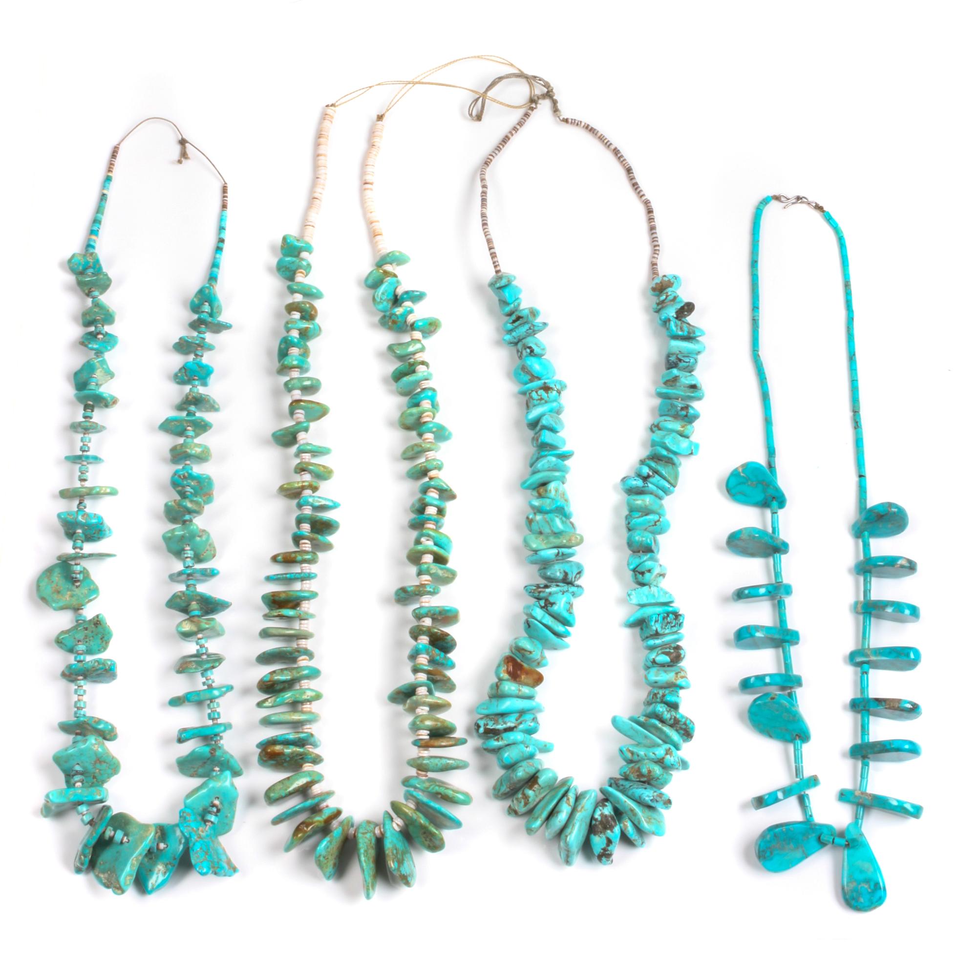 Five Southwestern Turquoise Nugget Necklaces Length of longest 34 inches