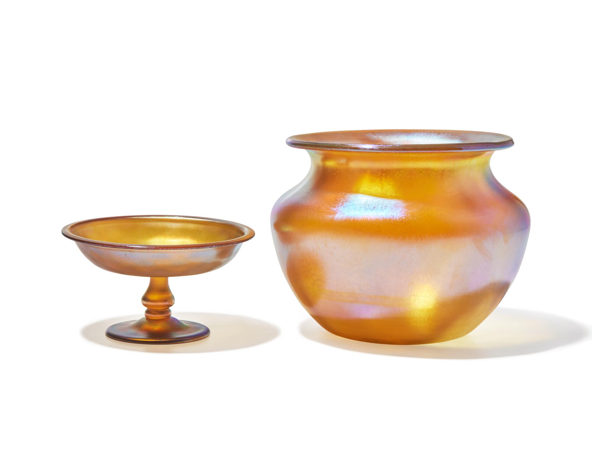 Gold Favrile glass vase and footed compote