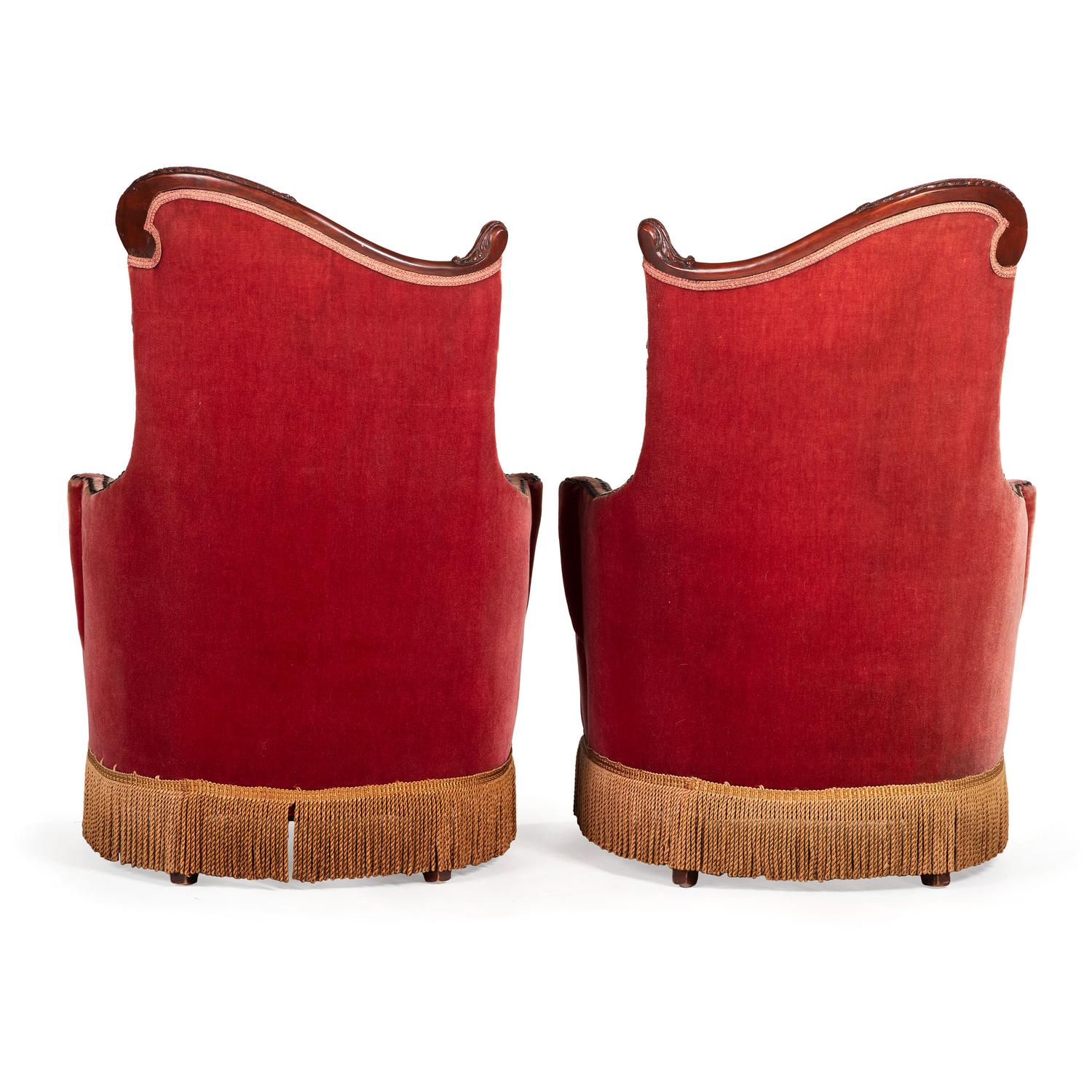 A Pair of Carved Walnut Armchairs with Embroidered Velvet Upholstery Late 19th Century