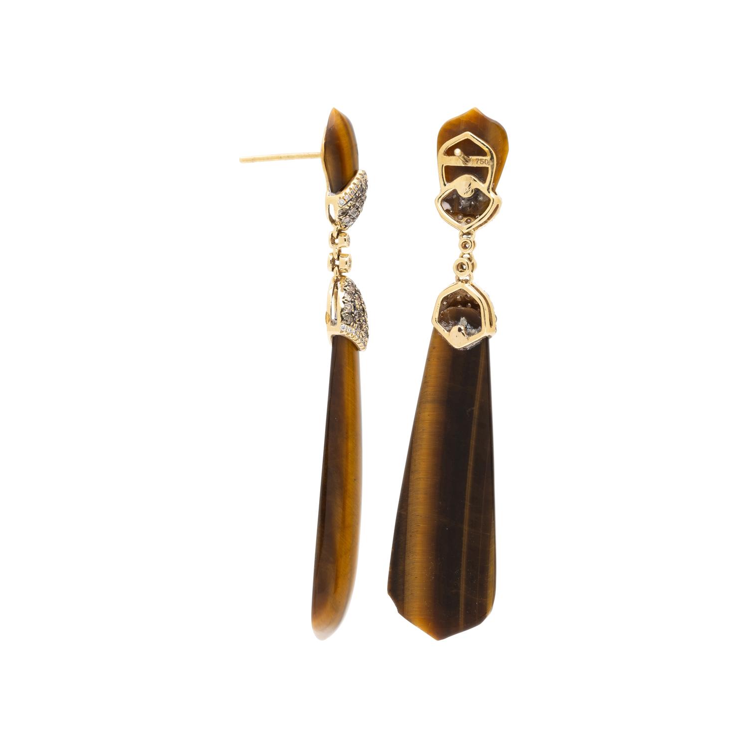 TIGER'S EYE, DIAMOND, COLORED DIAMOND, AND YELLOW GOLD PENDANT EARRINGS