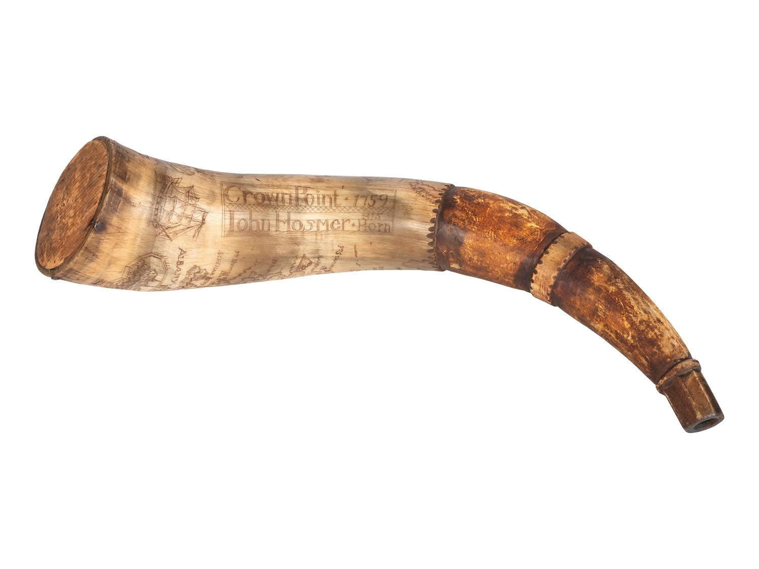 [FRENCH AND INDIAN WAR]. Powder horn featuring fine scrimshaw map of New York, identified to John Hosmer, likely made at Crown Point, 1759.