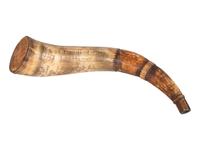 [FRENCH AND INDIAN WAR]. Powder horn featuring fine scrimshaw map of New York, identified to John Hosmer, likely made at Crown Point, 1759.