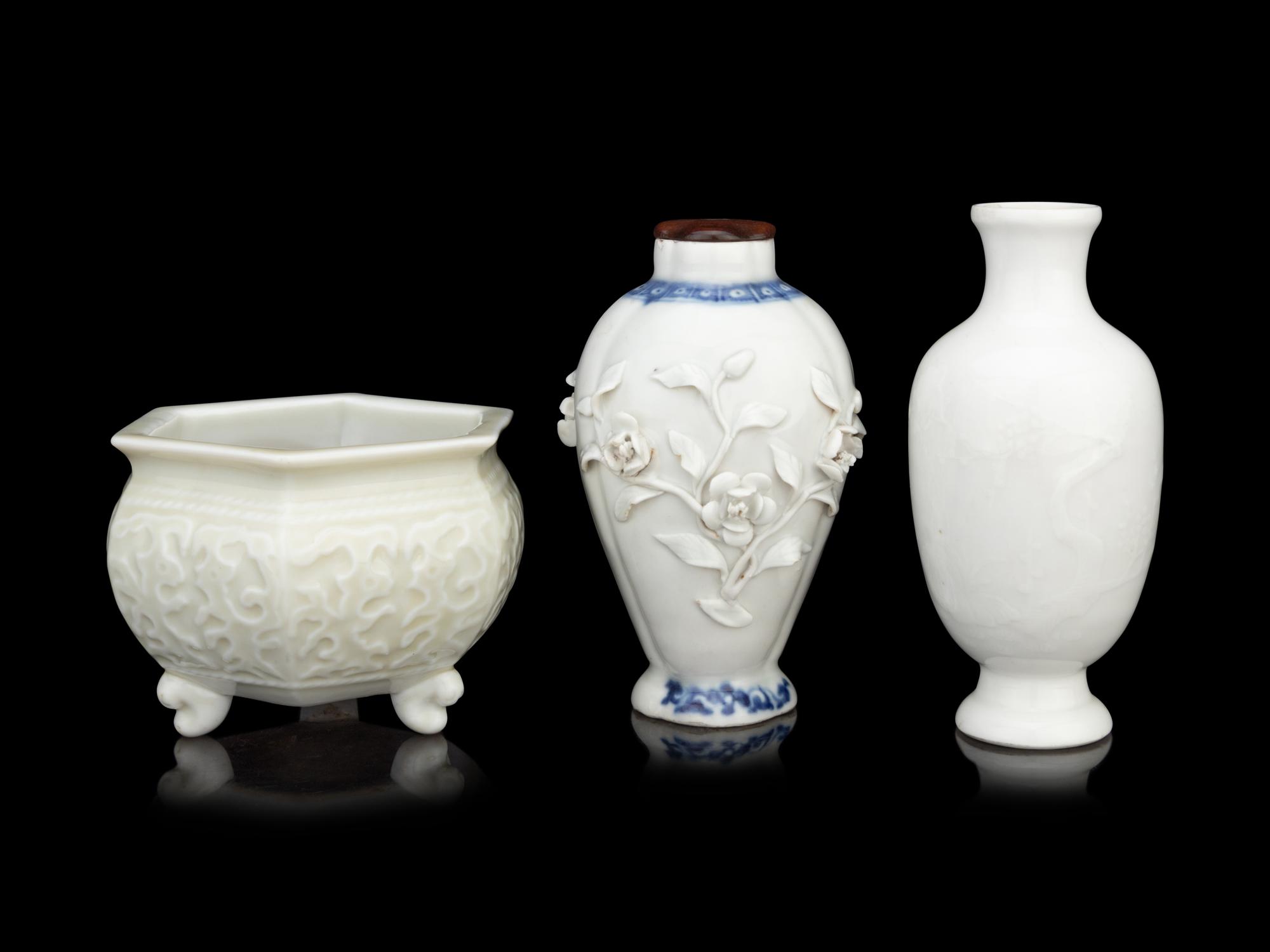 Two Chinese Blanc-de-Chine Porcelain Vases and A Tripod Incense Burner