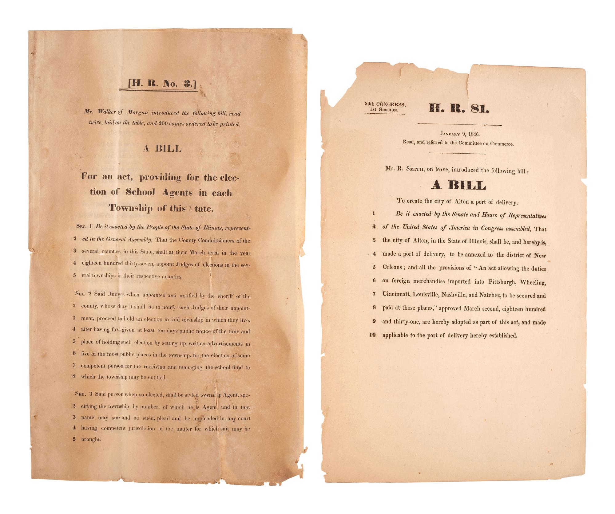 [POLITICS -- ILLINOIS]. A group of rare broadsides and bills related to Illinois politics in the first half of the 19th century.