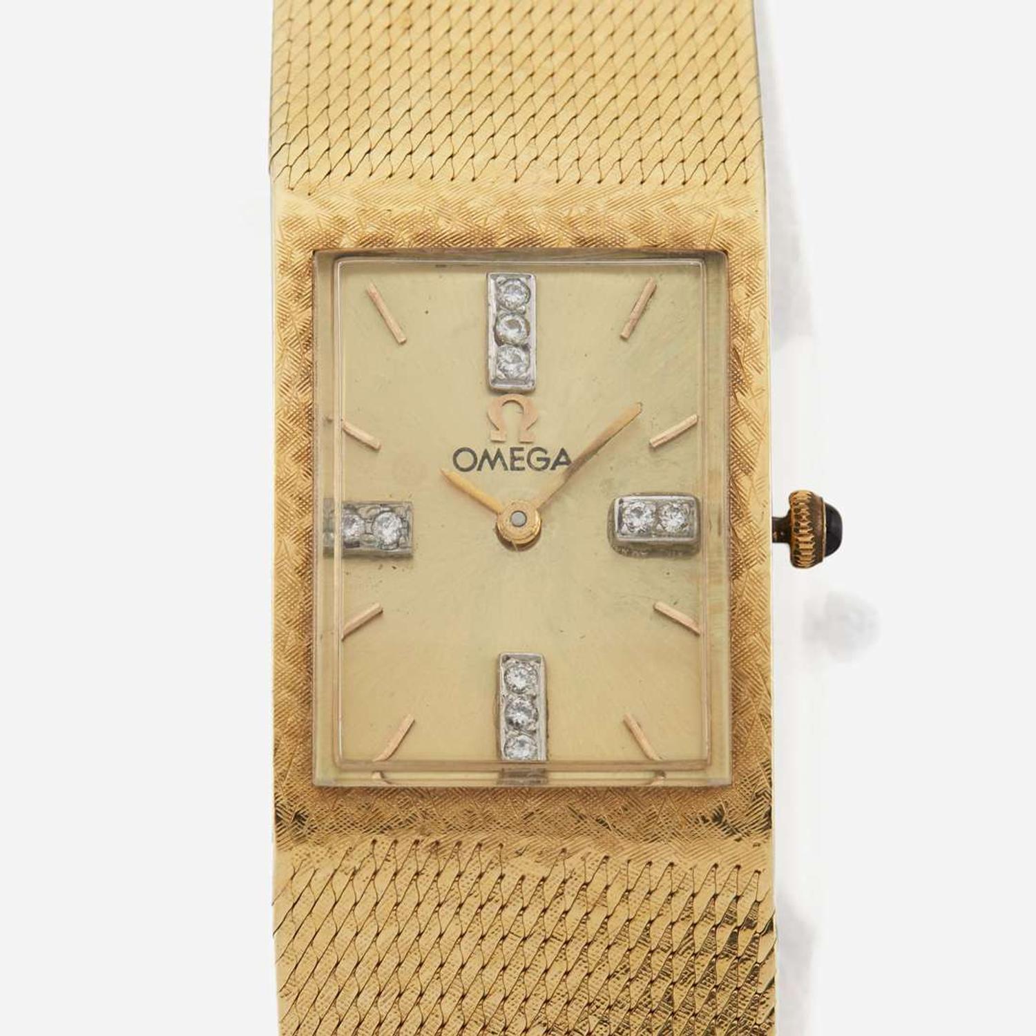 A gentleman's fourteen karat gold and diamond bracelet wristwatch, Omega