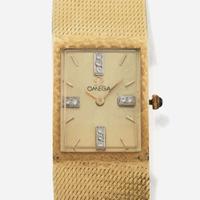 A gentleman's fourteen karat gold and diamond bracelet wristwatch, Omega