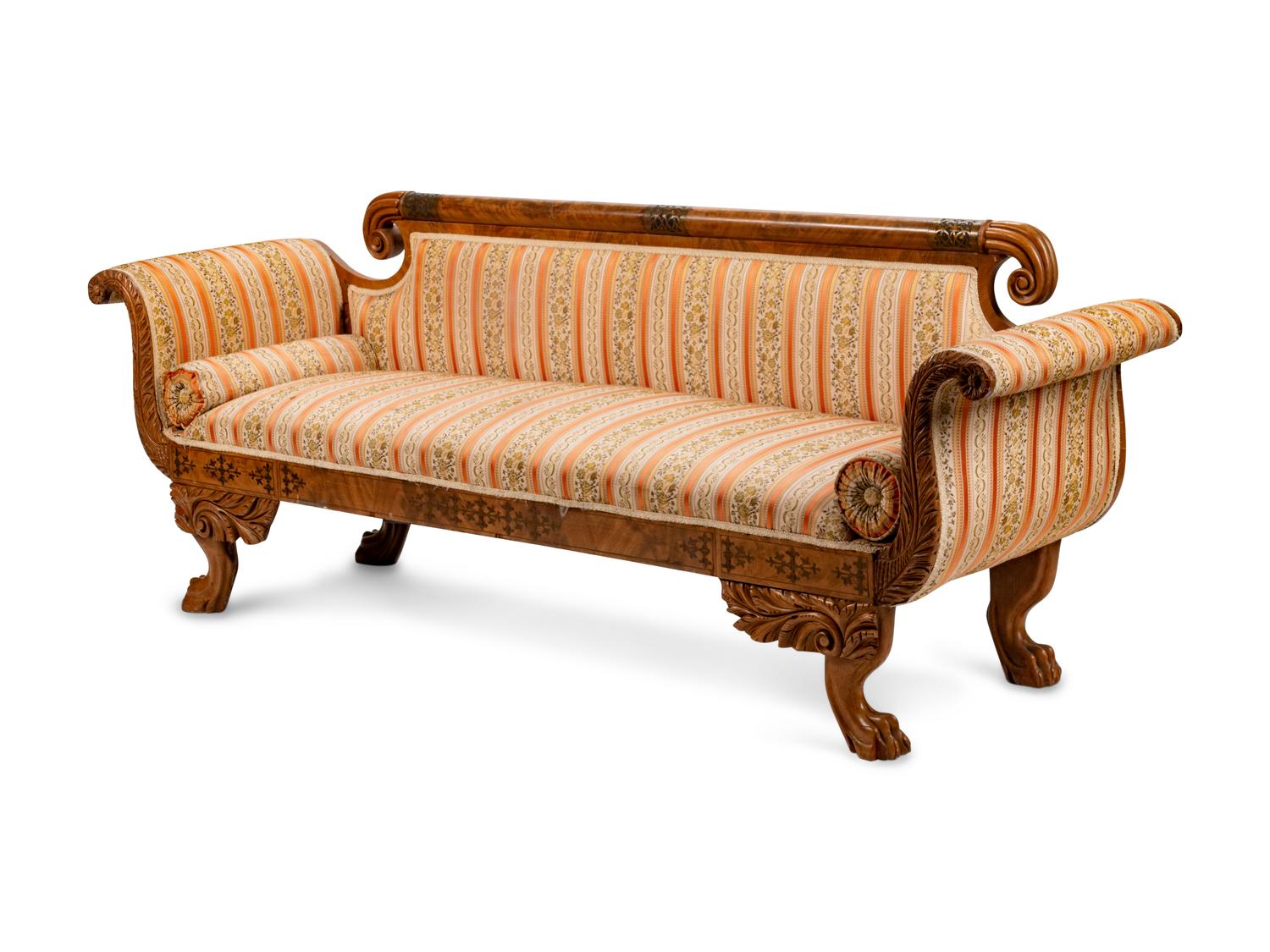 A American Classical Style Brass-Inlaid Mahogany Upholstered Settee — 19TH CENTURY