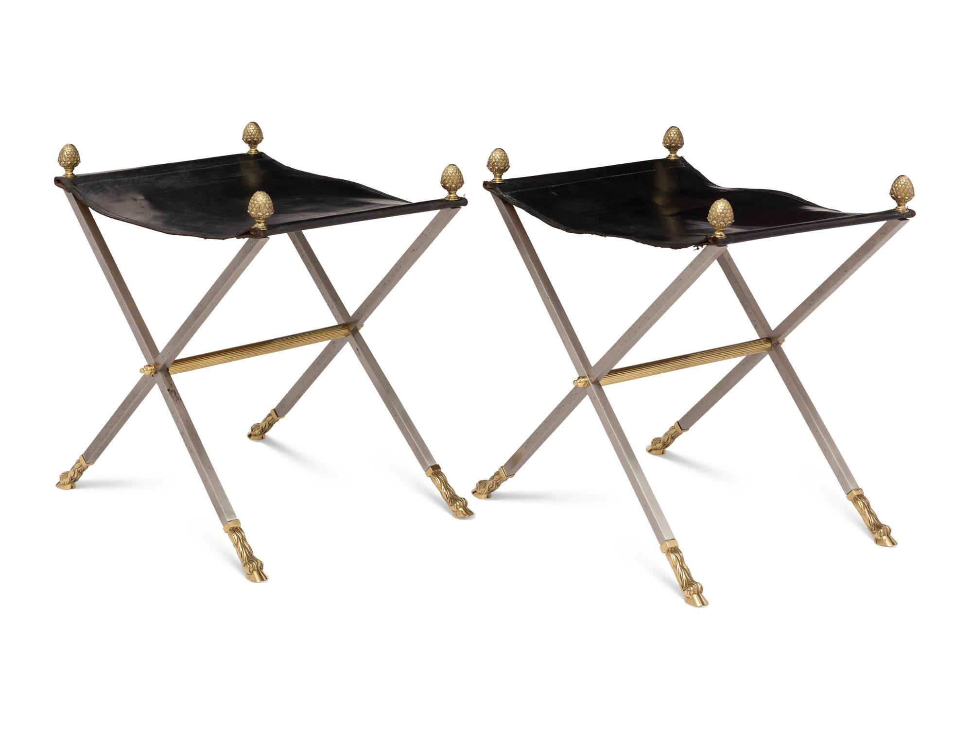 A Pair of Steel and Leather Campaign Stools