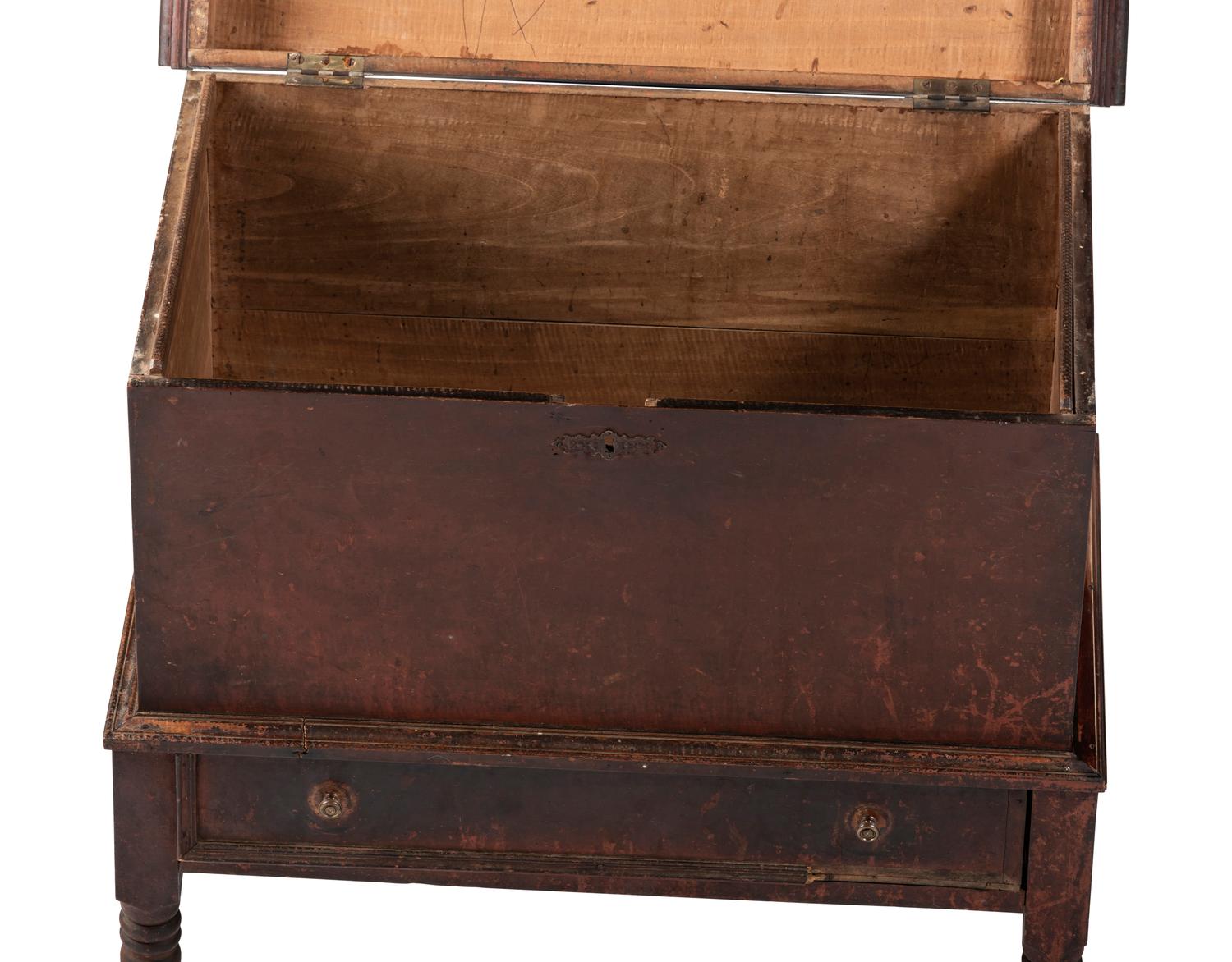 A Late Federal Red-Stained and Figured Mixed Woods Chest on Stand