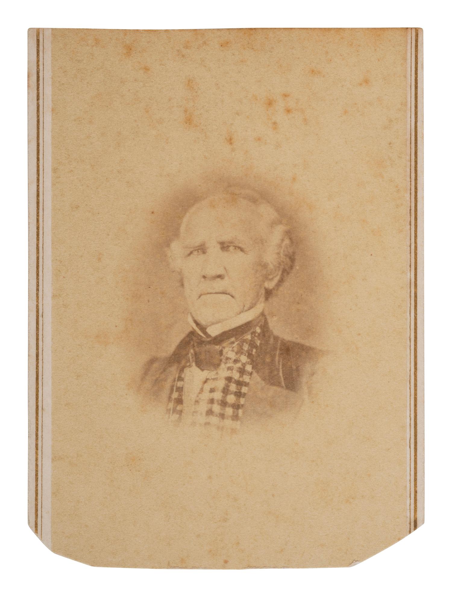 [TEXAS -- HOUSTON, Sam (1793-1863)]. CDV of Houston wearing a plaid vest. N.p., ca 1860s.