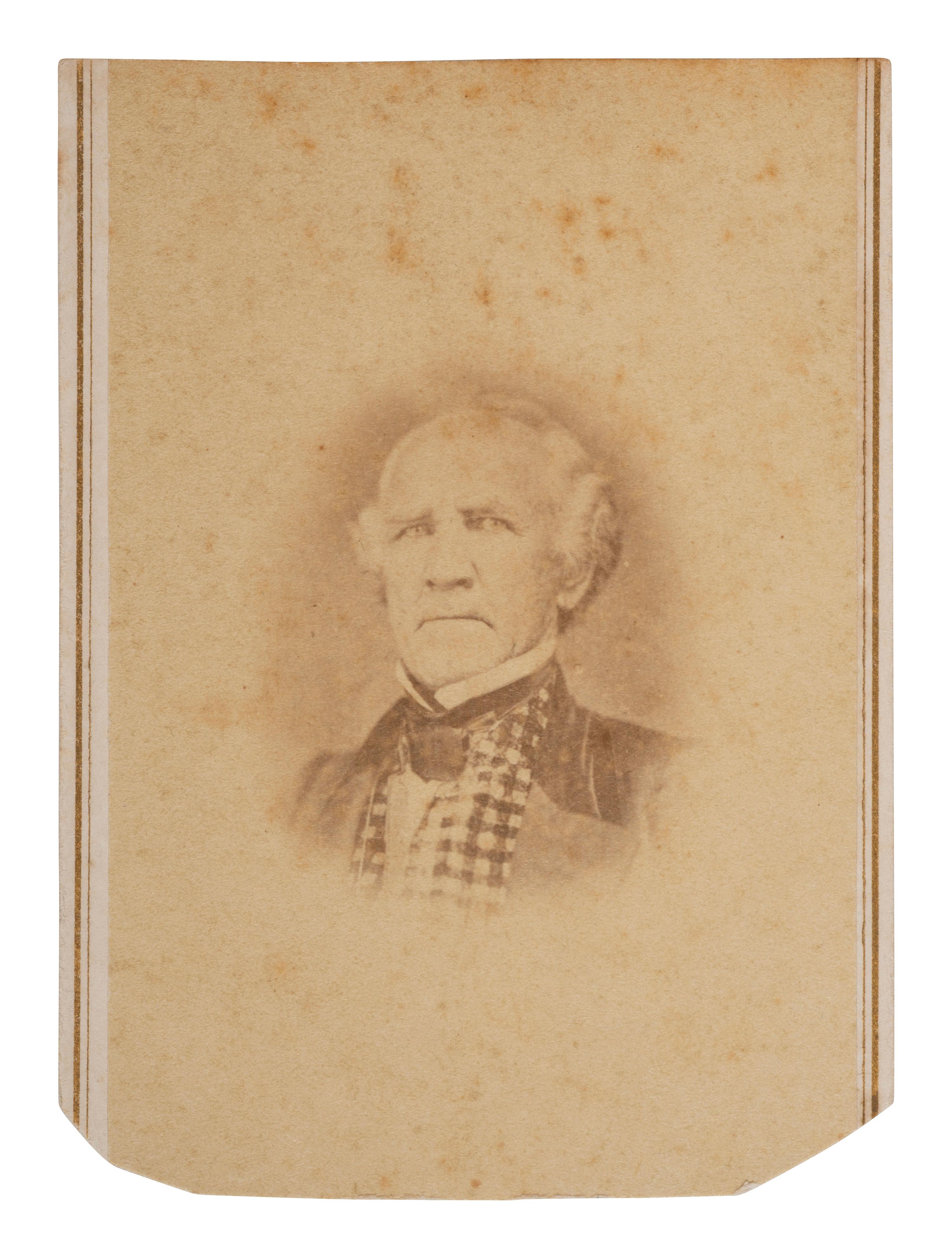 [TEXAS -- HOUSTON, Sam (1793-1863)]. CDV of Houston wearing a plaid vest. N.p., ca 1860s.