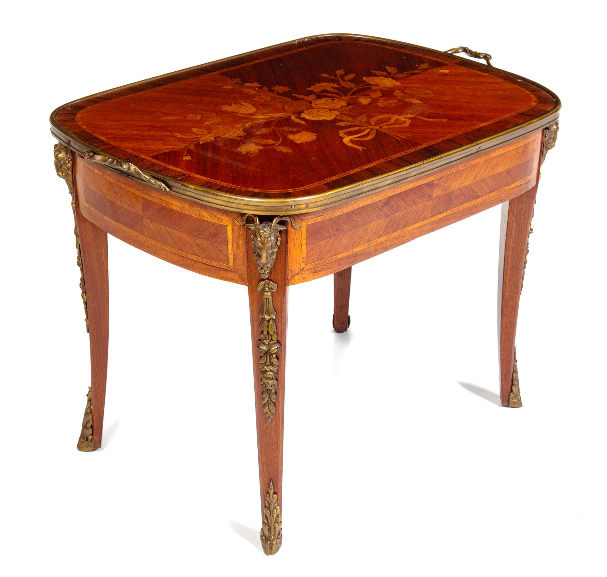 A Louis XV/XVI Transitional Style Gilt Metal Mounted Marquetry Side Table
