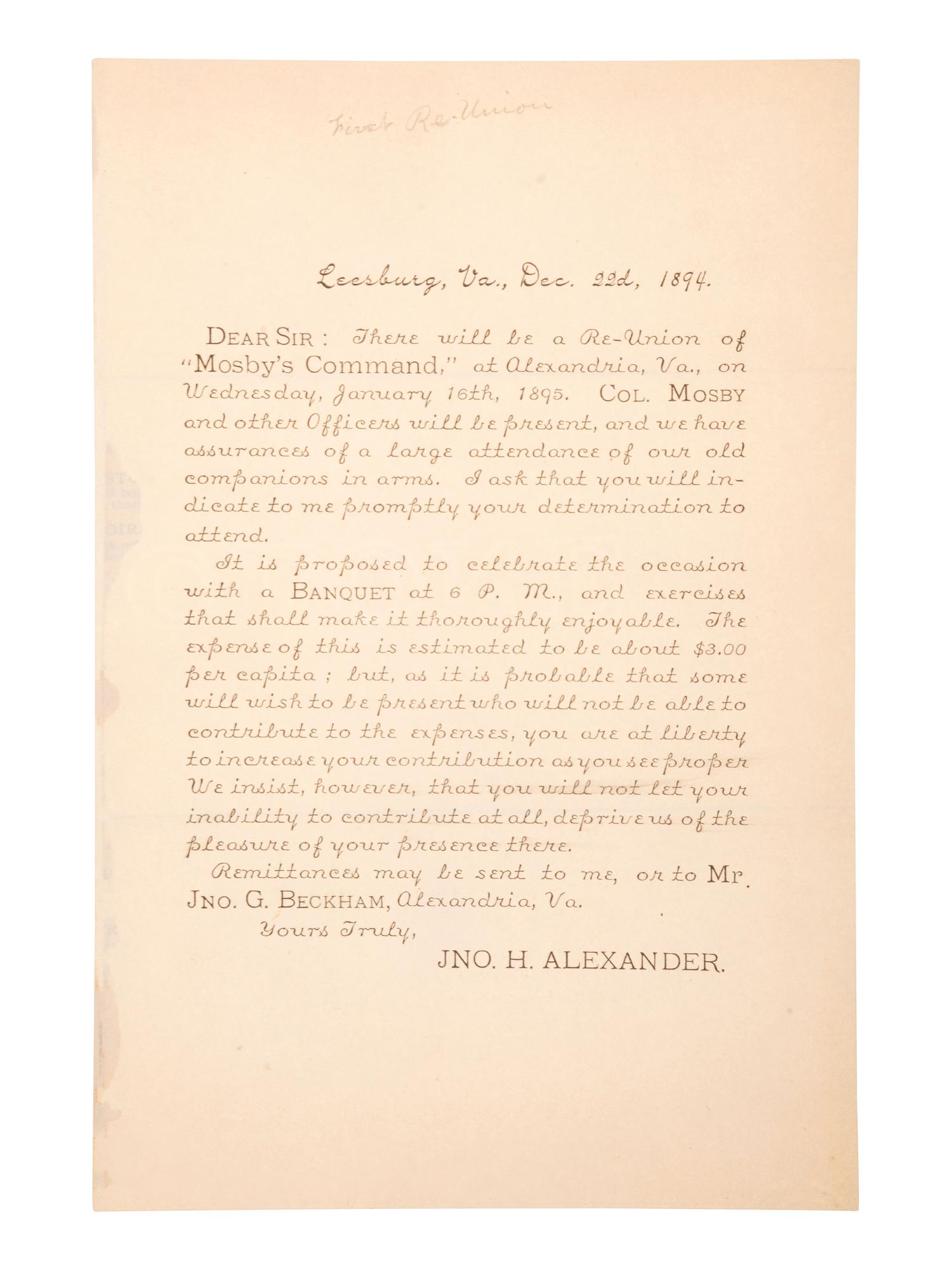 [MOSBY, JOHN S. (1833-1916)]. A group of 4 reunion ribbons for "Mosby's Men," with reunion notice.