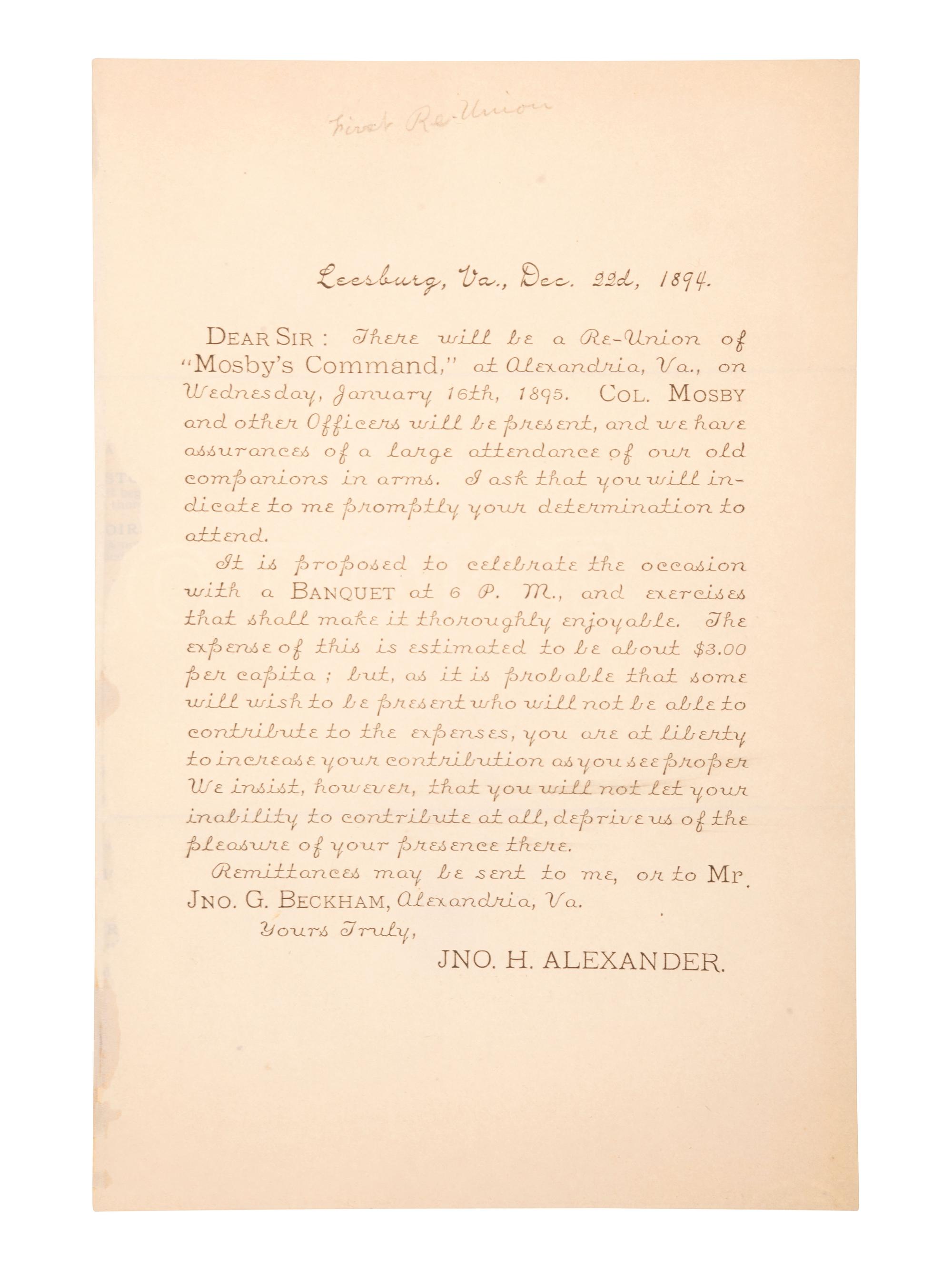[MOSBY, JOHN S. (1833-1916)]. A group of 4 reunion ribbons for "Mosby's Men," with reunion notice.