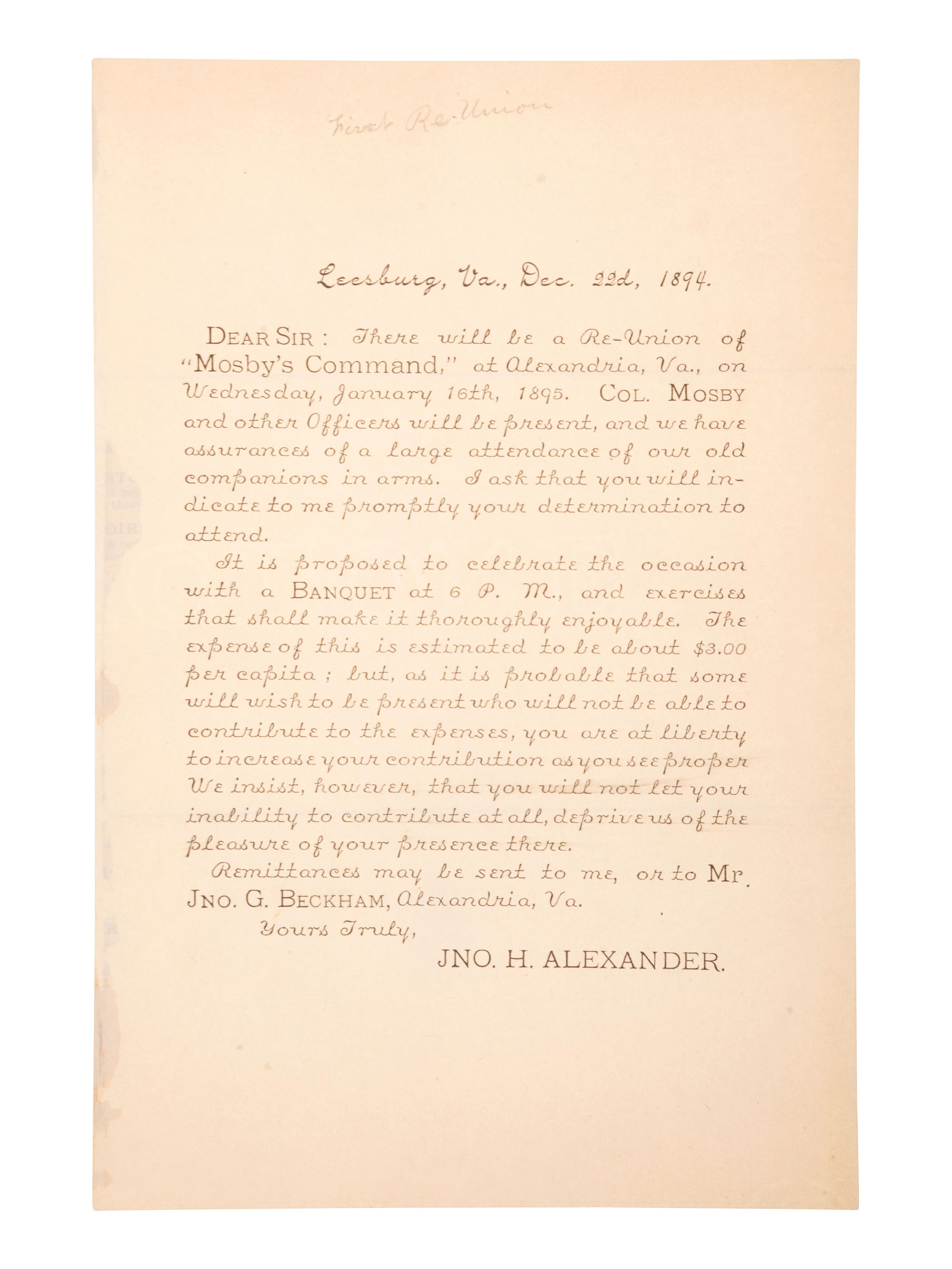 [MOSBY, JOHN S. (1833-1916)]. A group of 4 reunion ribbons for "Mosby's Men," with reunion notice.