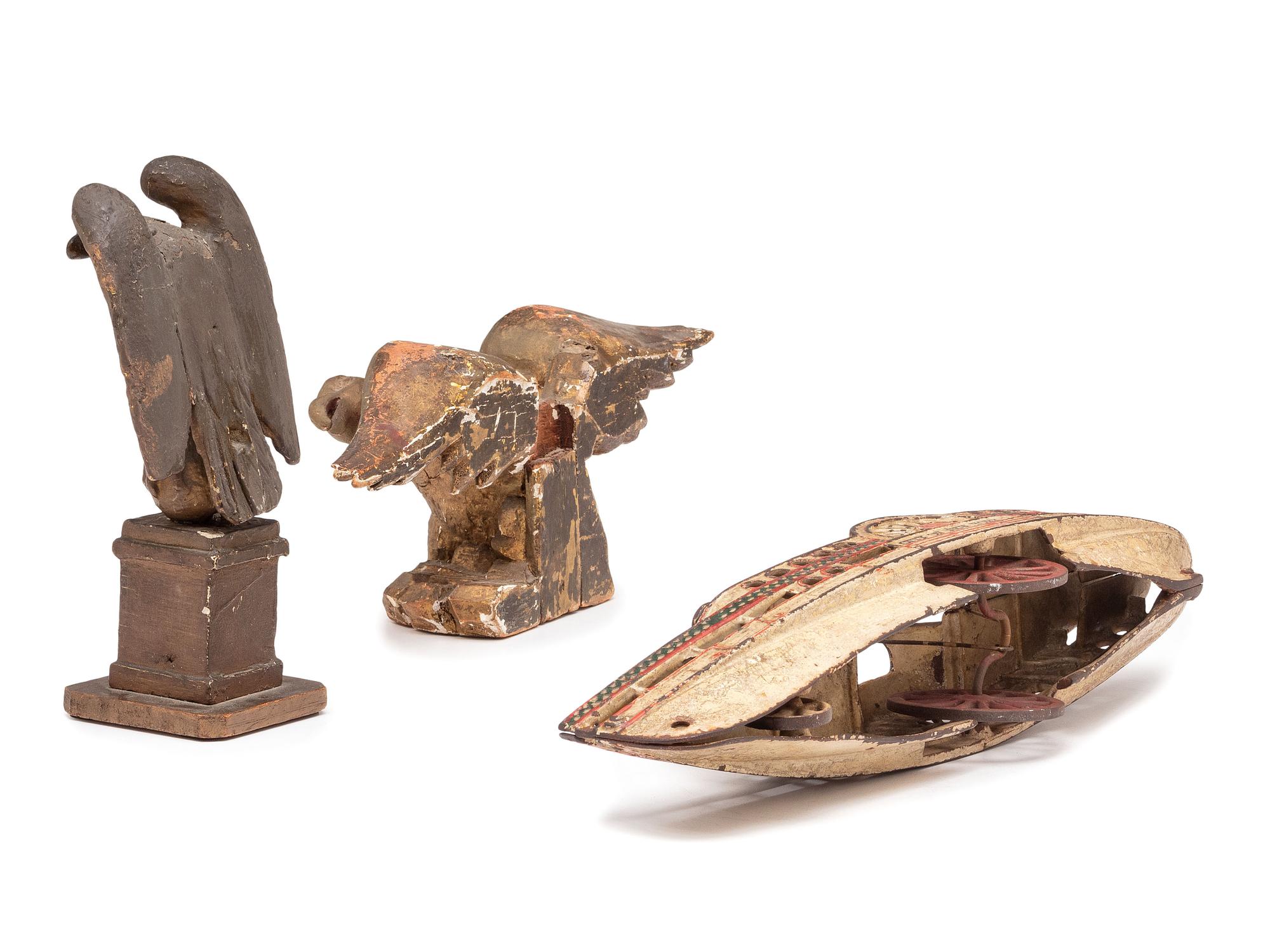 Two Carved and Painted Wood Eagle Finials, and a Cast Iron Paddleboat Boat Toy